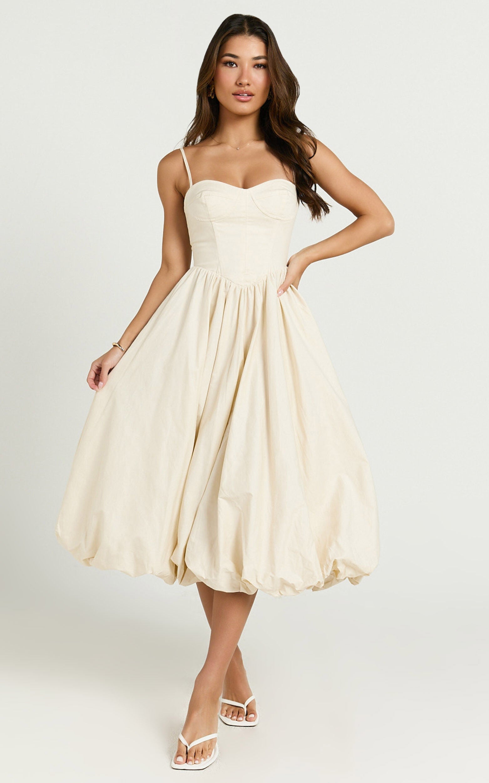 Kara Midi Dress - Strapped Bustier Bubble Hem Dress in Cream