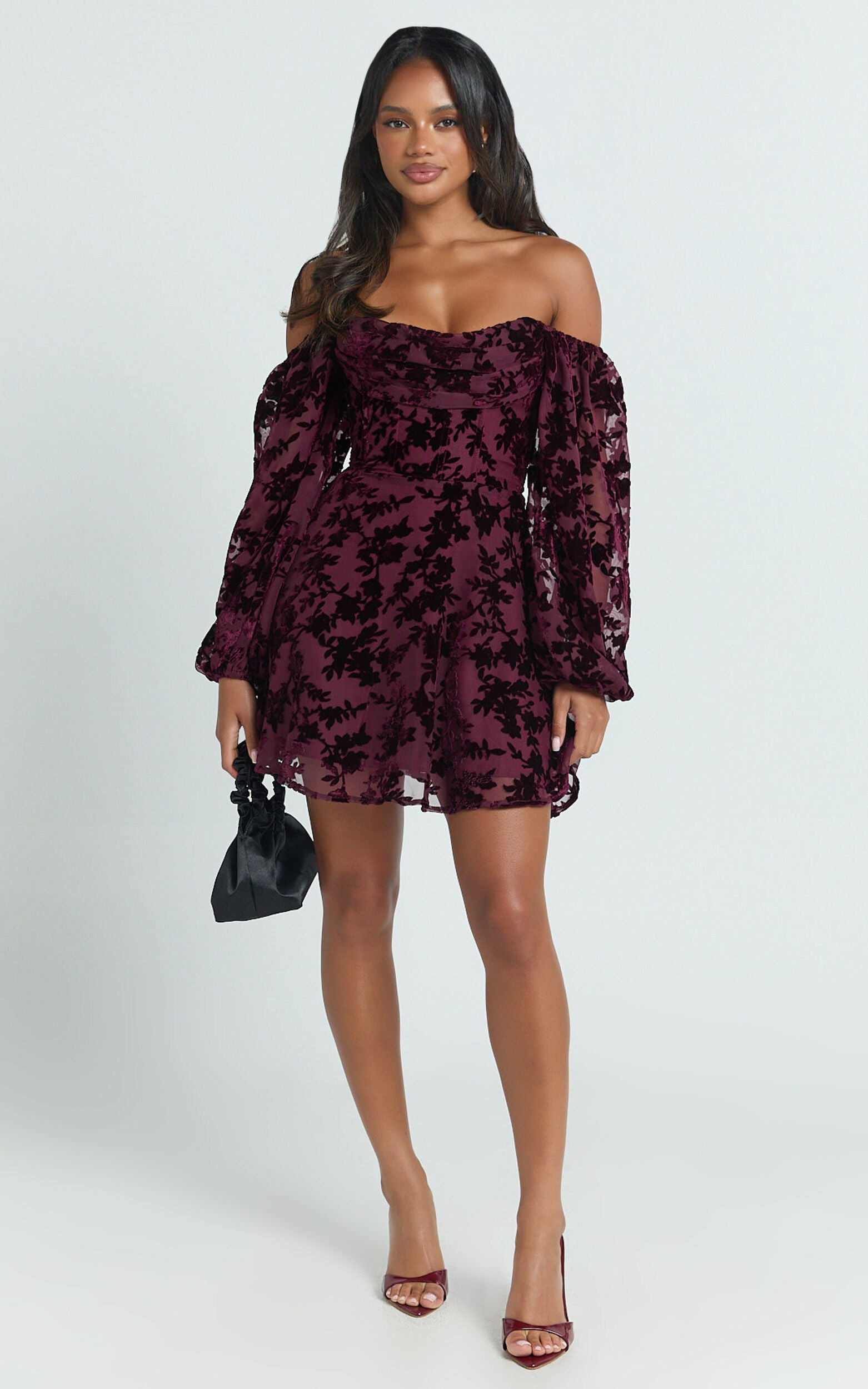 Jessell Mini Dress - Long Sleeve Cowl Corset Dress in Wine Burnout