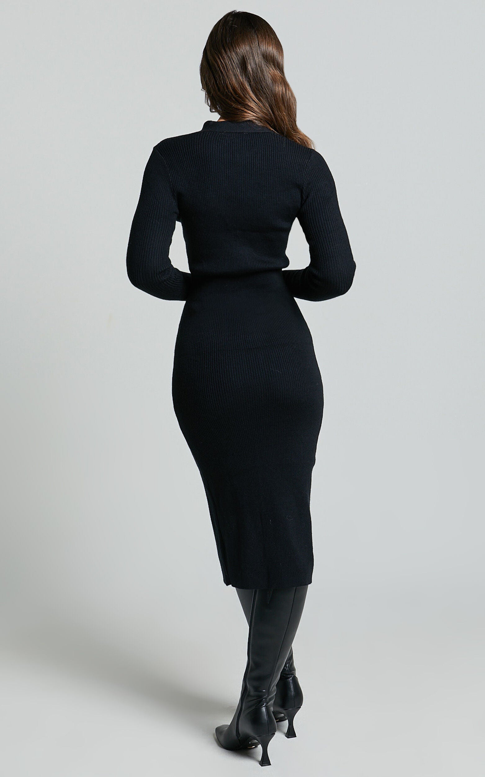 Leahanna Midi Dress - Button Front Knit Dress in Black