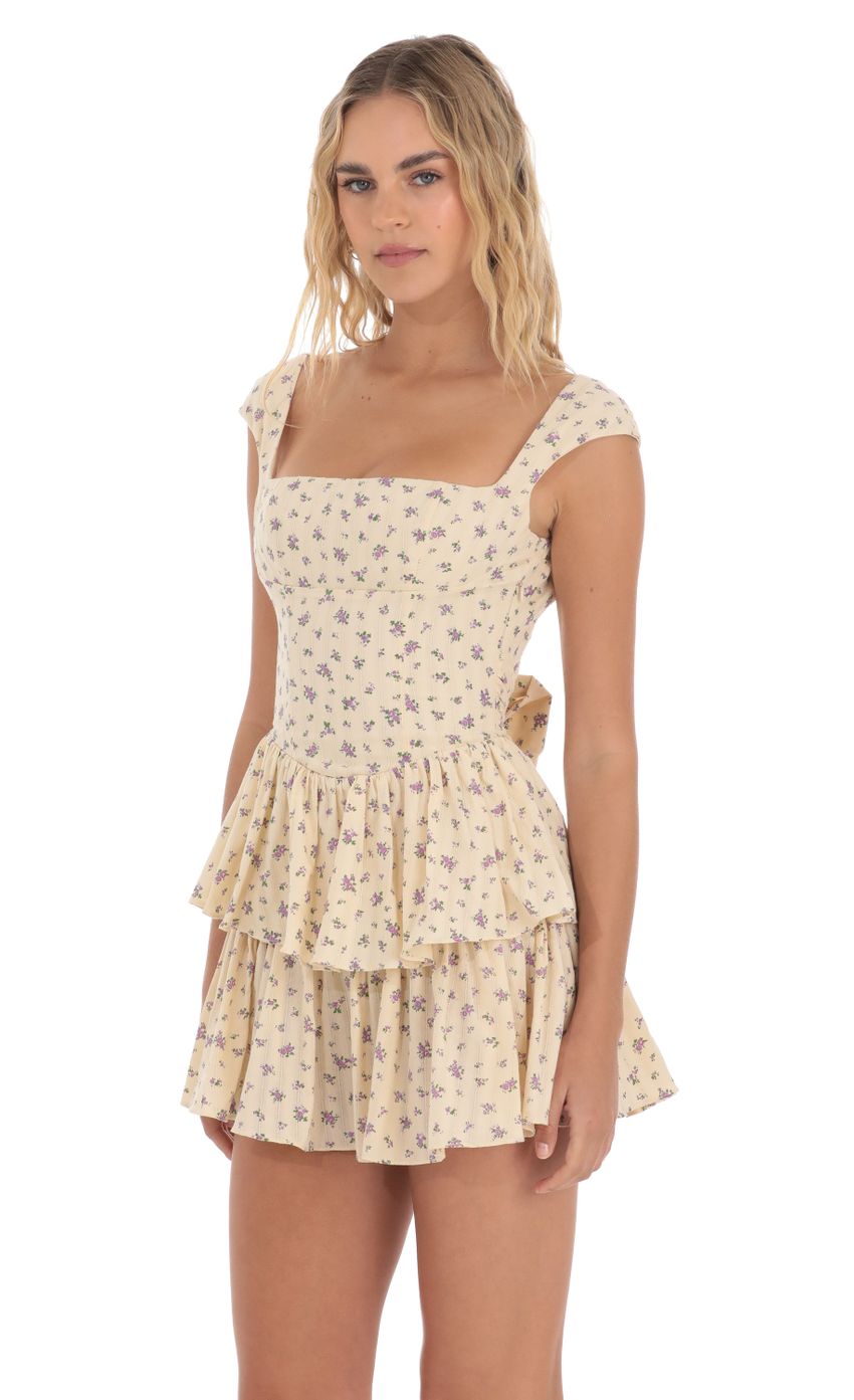 Floral Ruffle Capped Sleeve Dress in Yellow