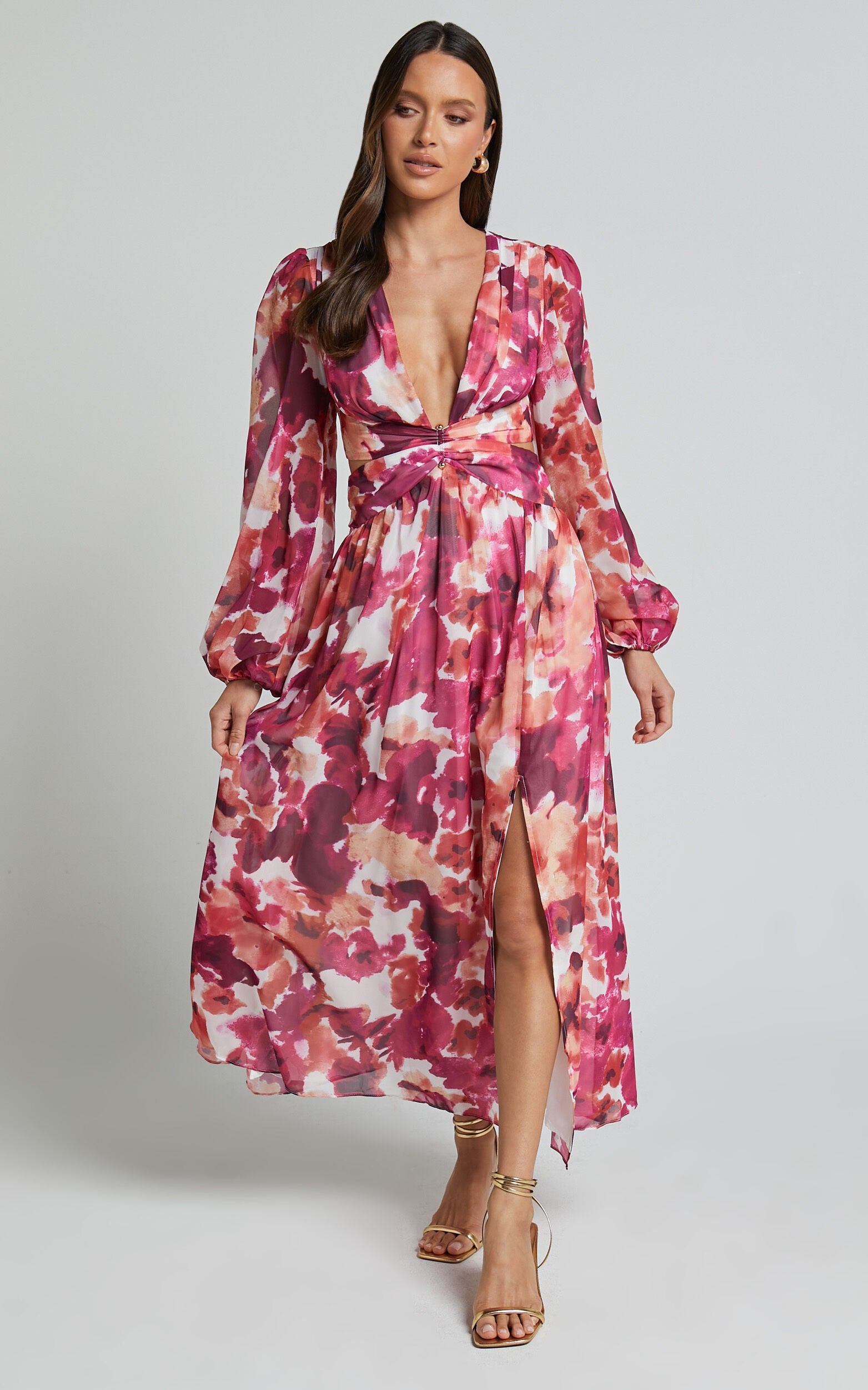 Emilee Midi Dress - Side Cut Out Long Sleeve Plunge Dress in Purple Floral