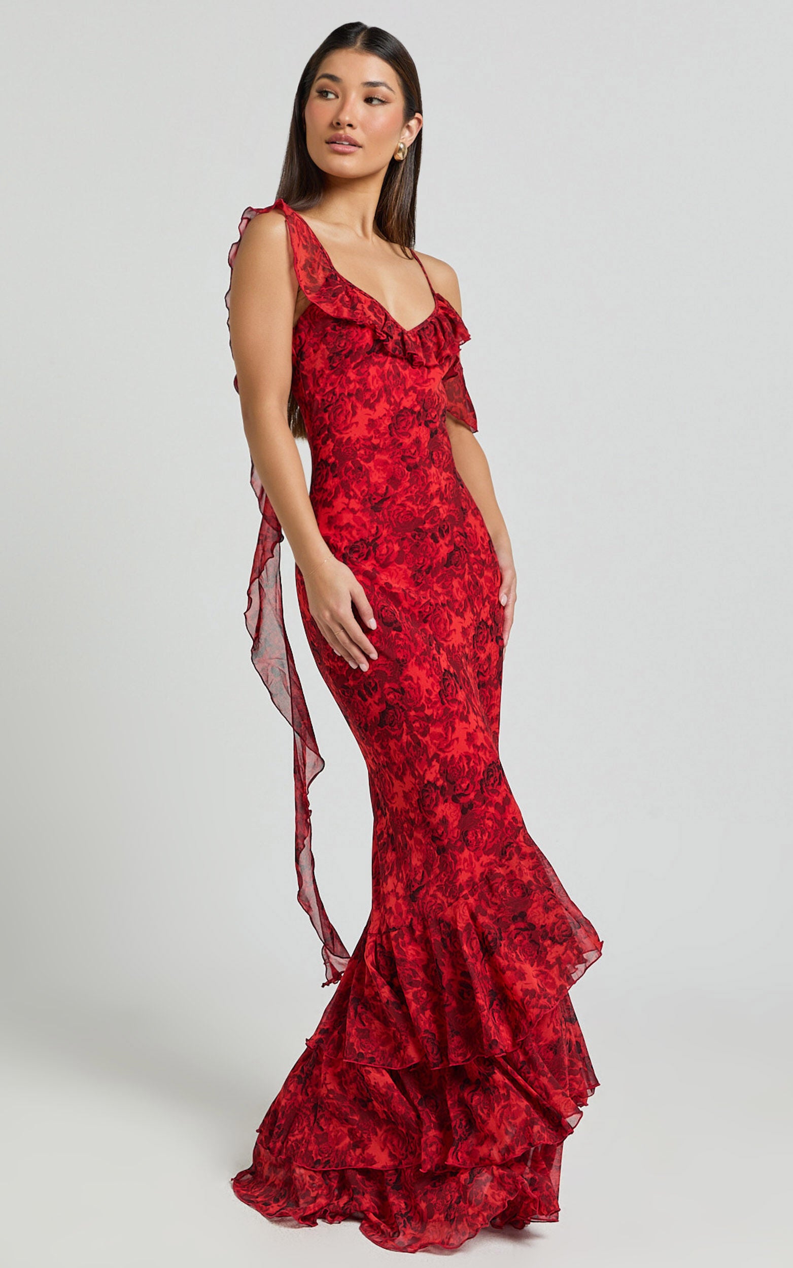 Riley Maxi Dress - Asymmetric Ruffle Detail Maxi Dress in Red Rose Print
