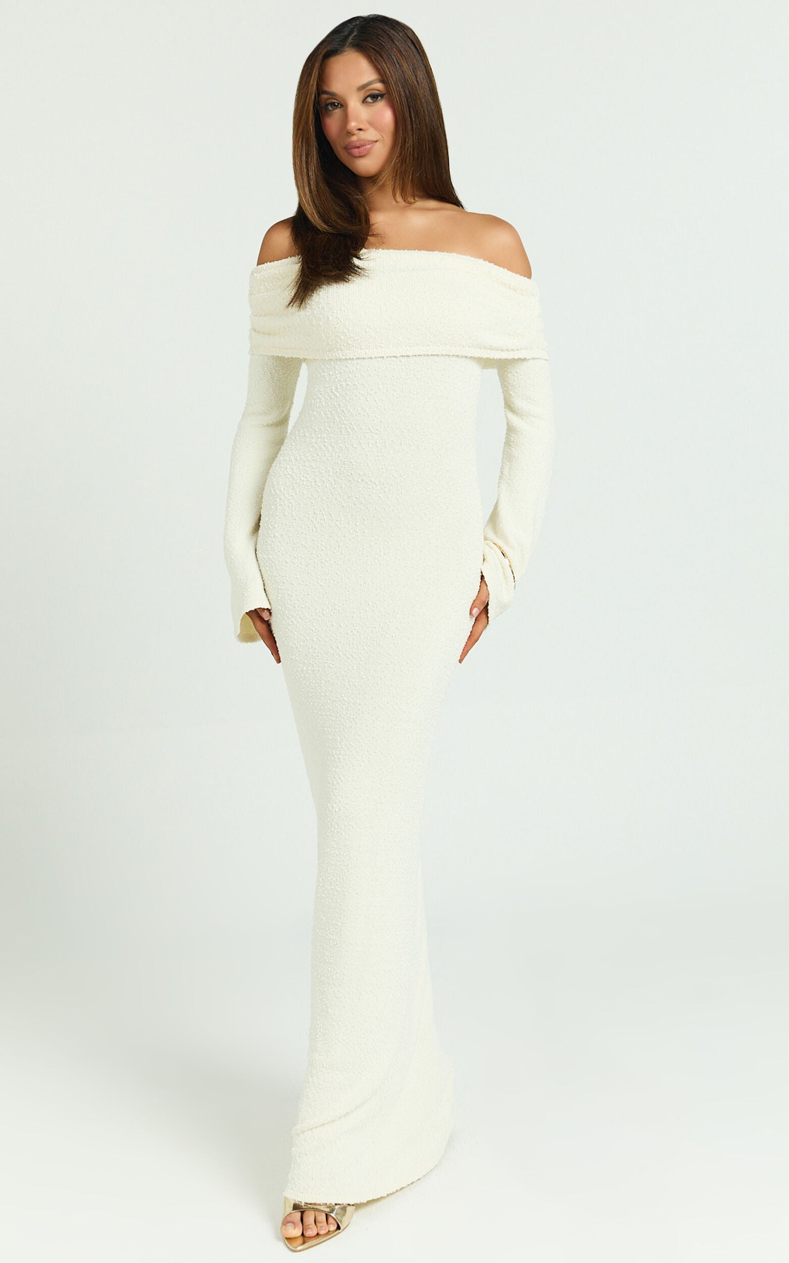 Pietra Maxi Dress - Knit Off Shoulder Dress in Cream