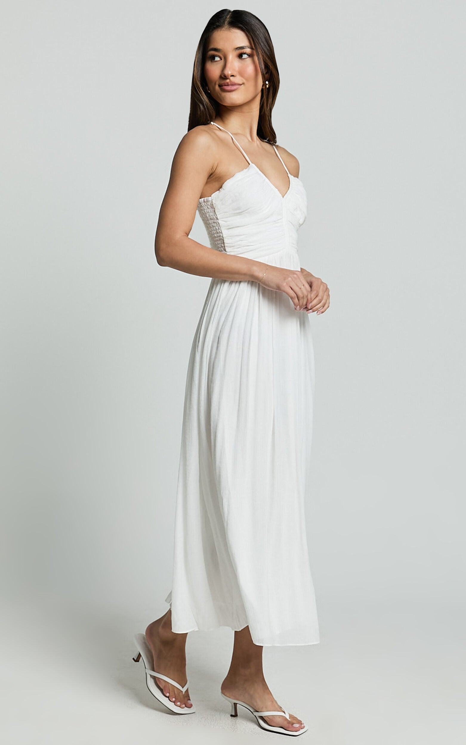 Roza Midi Dress - Ruched Bodice Dress in White