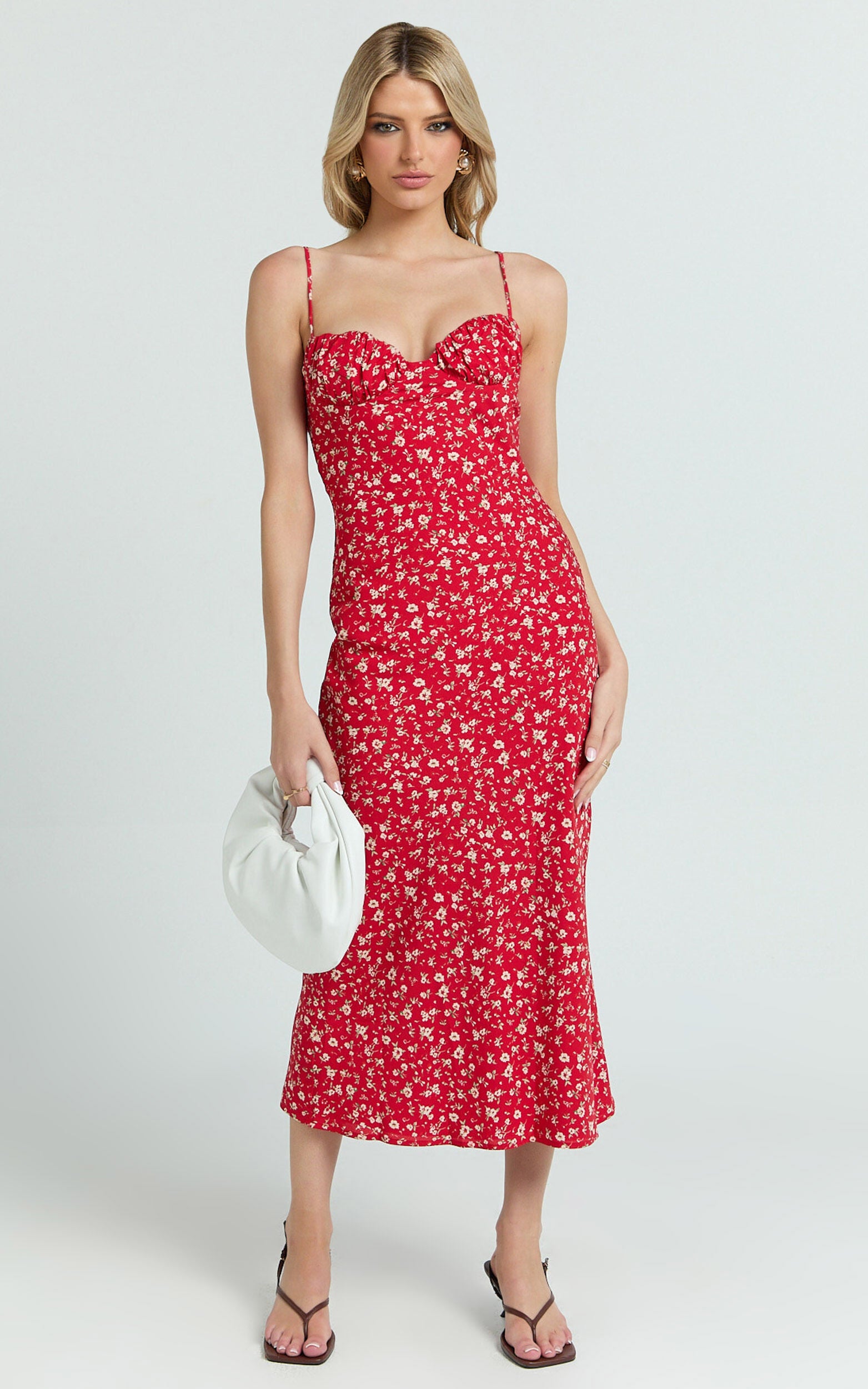 Hilton Midi Dress - Ruched Bust Slip Dress in Red Floral