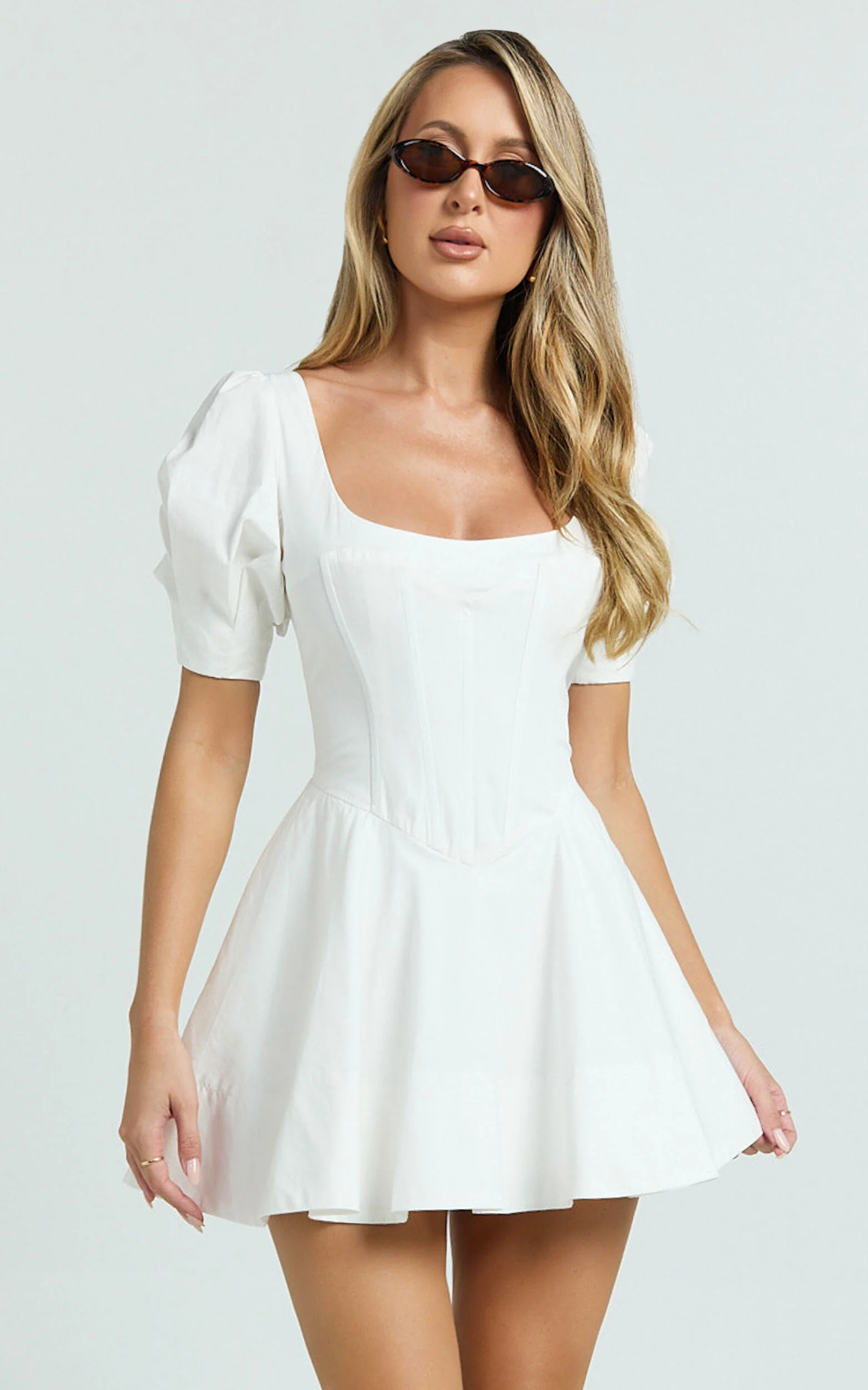 Emma Mini Dress - Scoop Neck Sleeved Corset Drop Waist Circular Skirt Dress in Off White