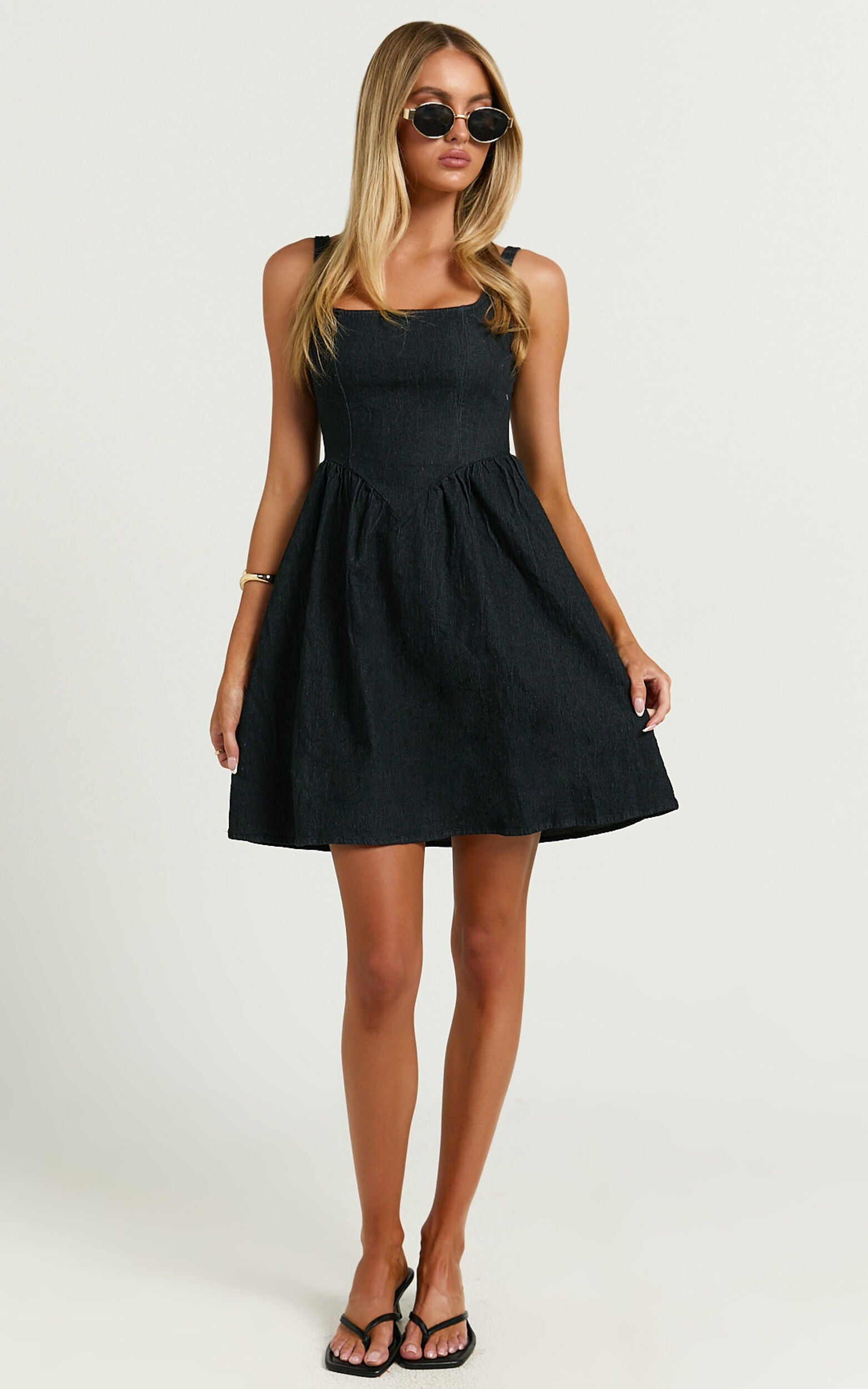 Rhaziya Mini Dress - Sleeveless Straight Neck Fit and Flare Dress in Black
