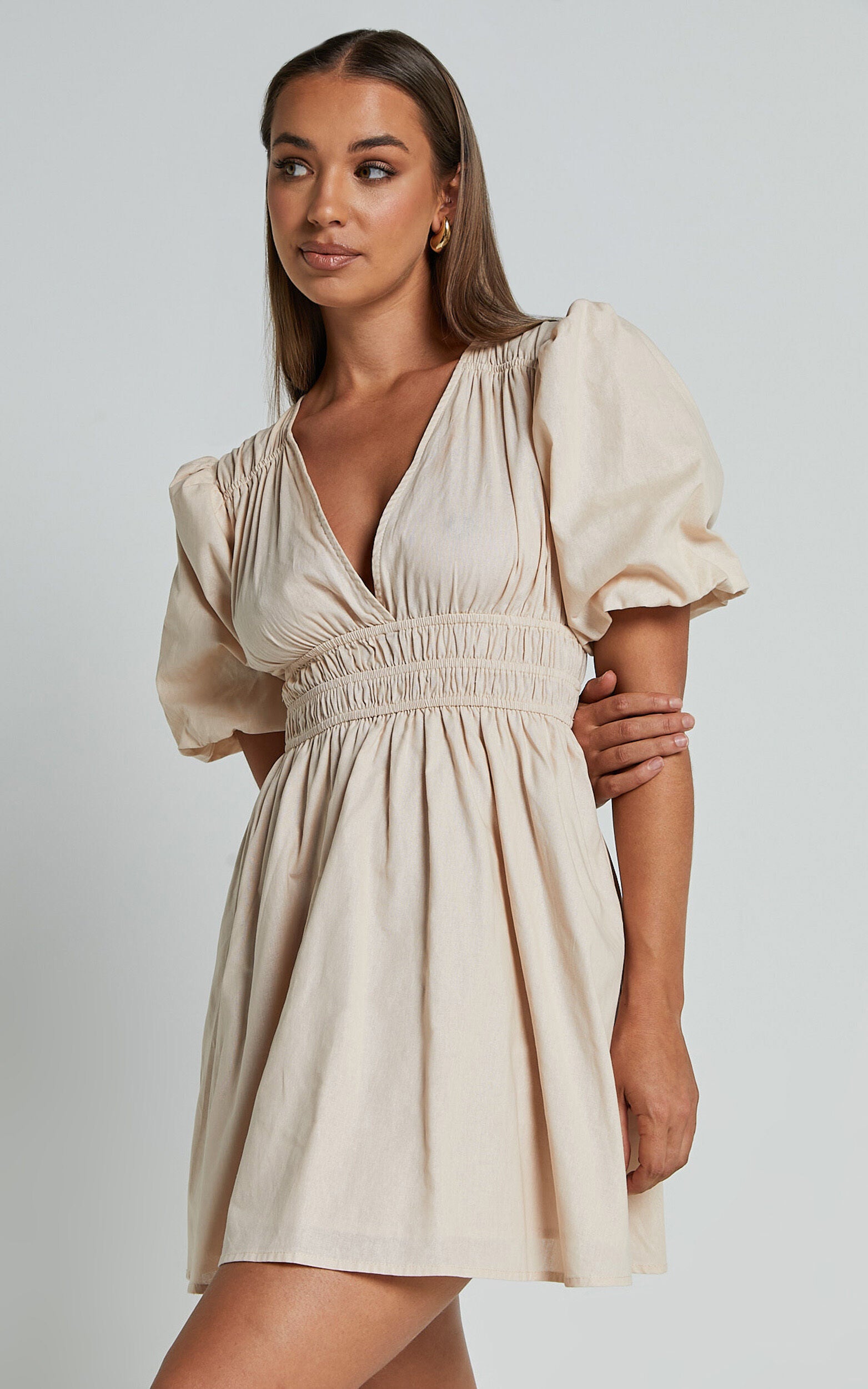 Francesca V Neck Puff Sleeves Mini Dress in Natural