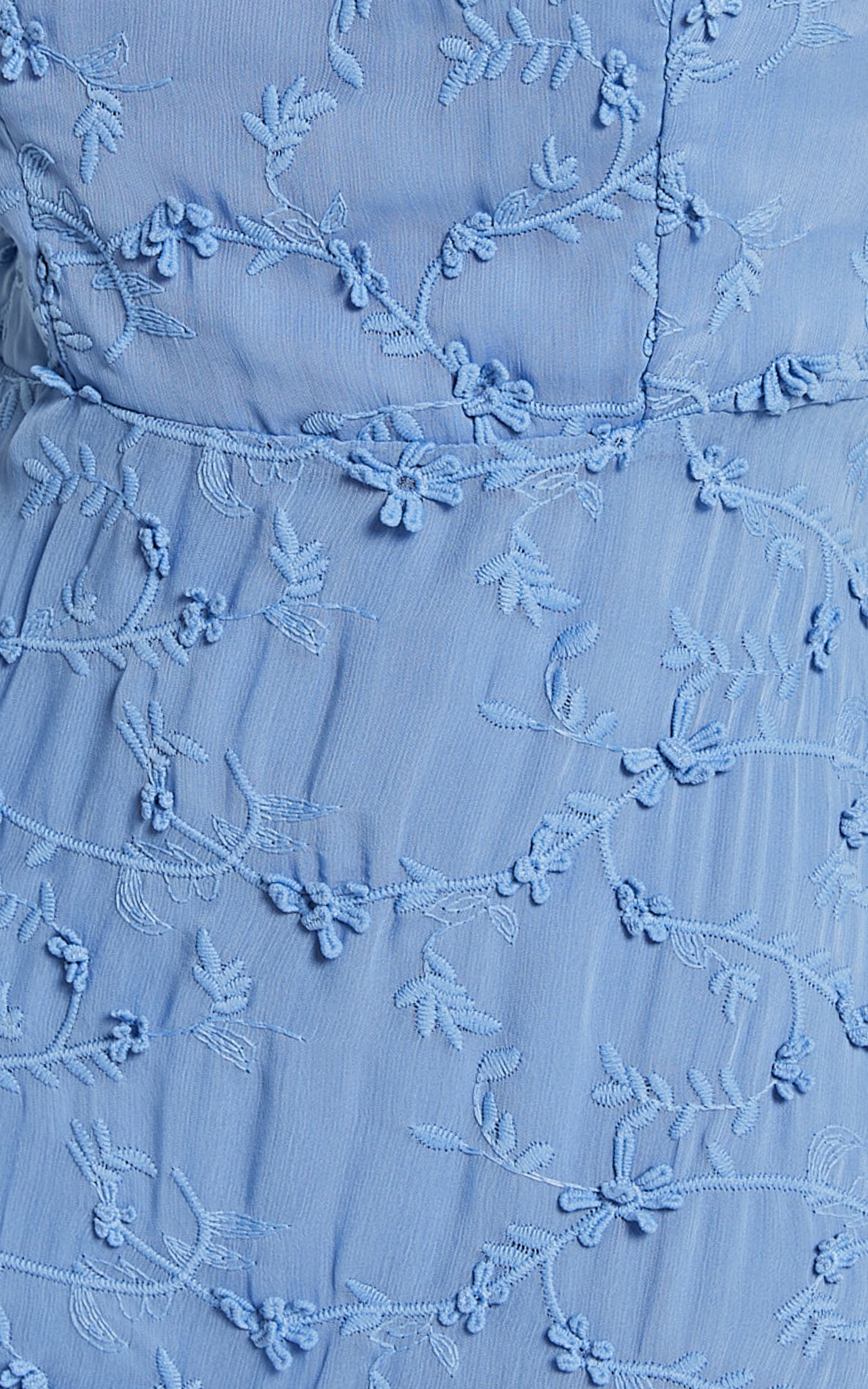 Francesca Midi Dress - Tie Shoulder Tiered Embroided Dress in Cornflower Blue