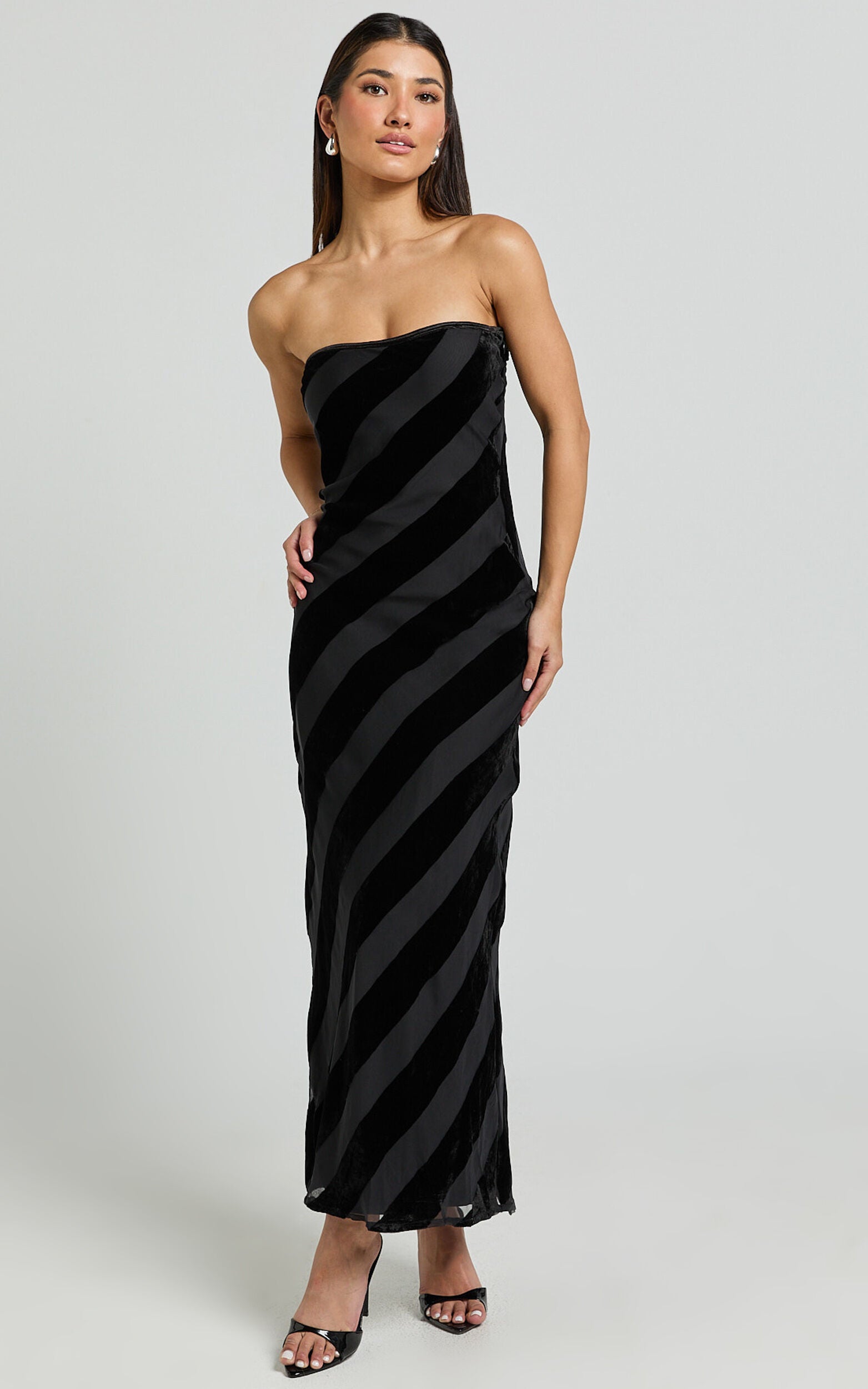 Genevieve Midi Dress - Strapless Stripe Burnout Dress in Black Stripe