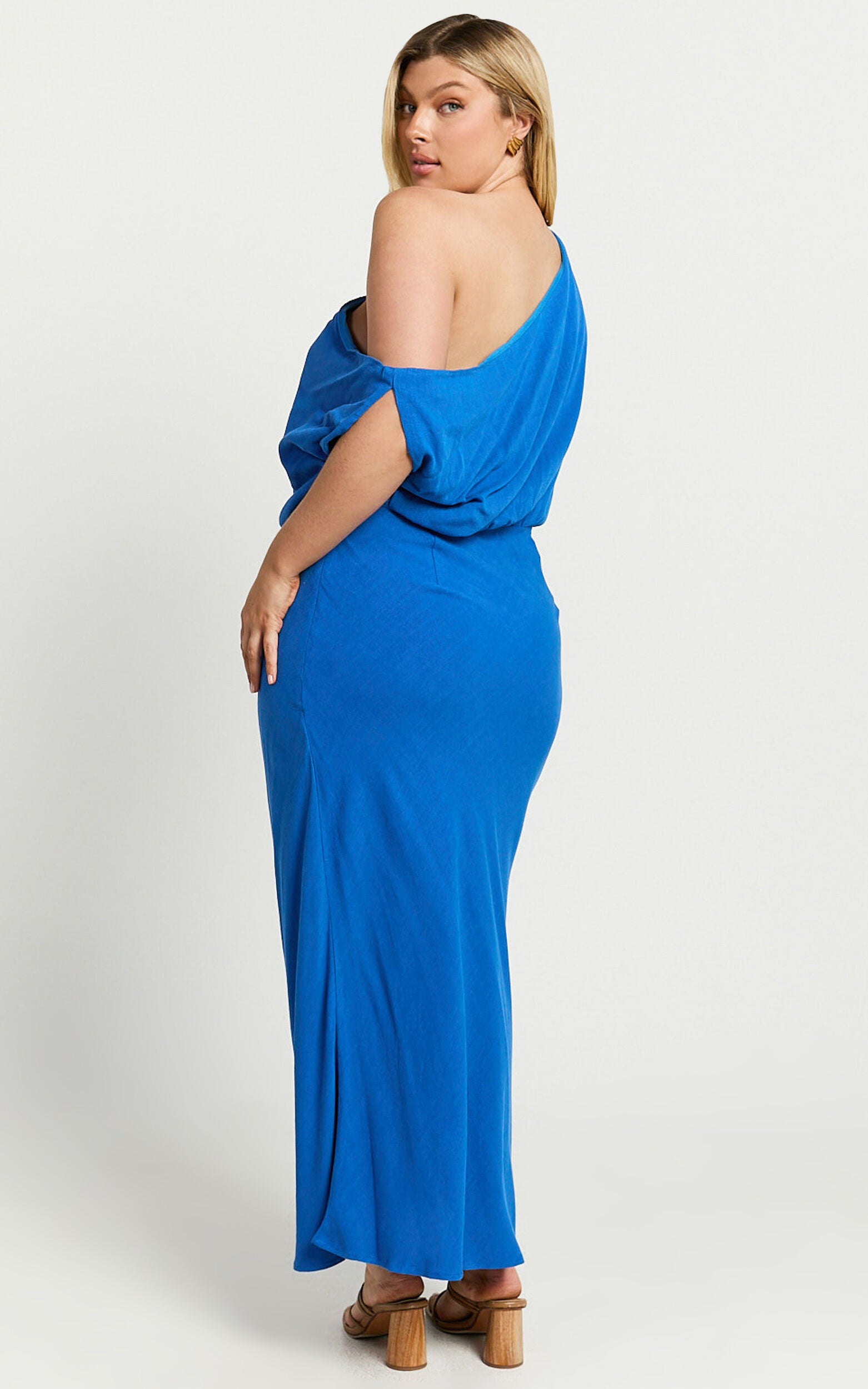 Jacqueline Midi Dress - Linen One Shoulder Dress in Cobalt