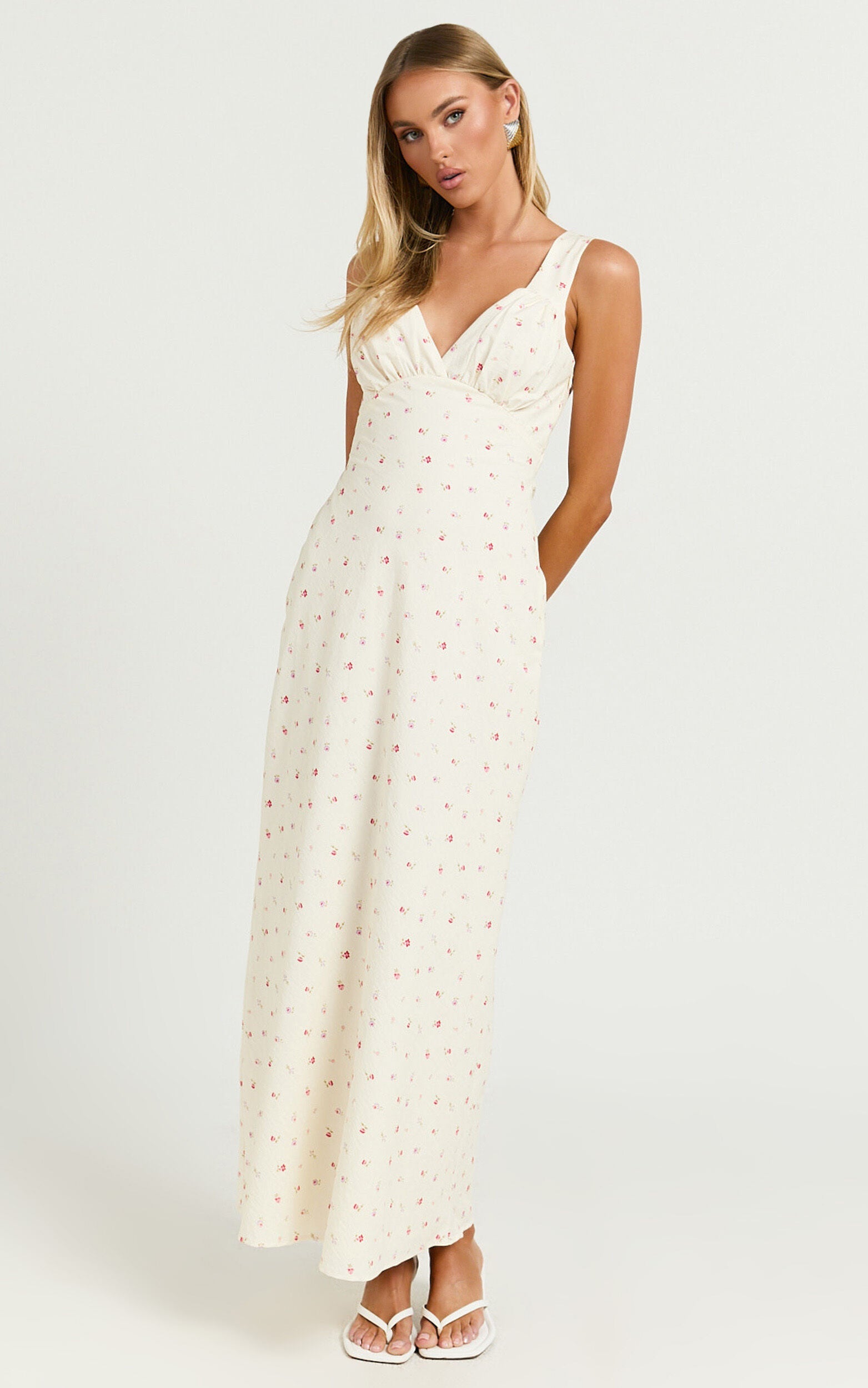 Mauriel Midi Dress - Deep V Gathered Bust Slip Dress in Lemon Floral