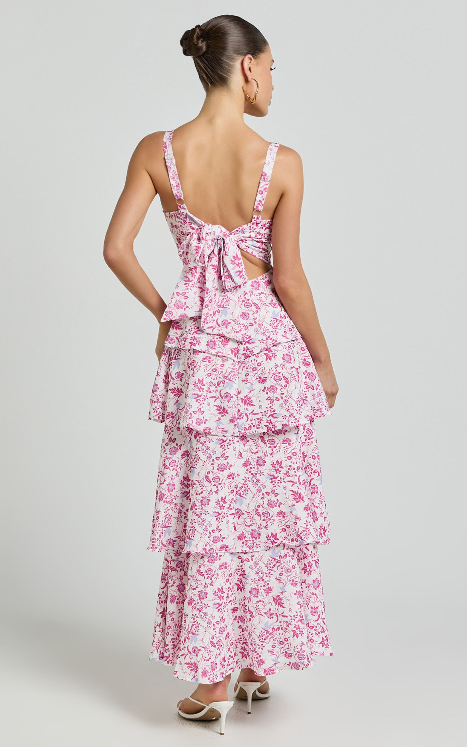 Lorma Midi Dress - Ruched Layered Dress in Pink Floral