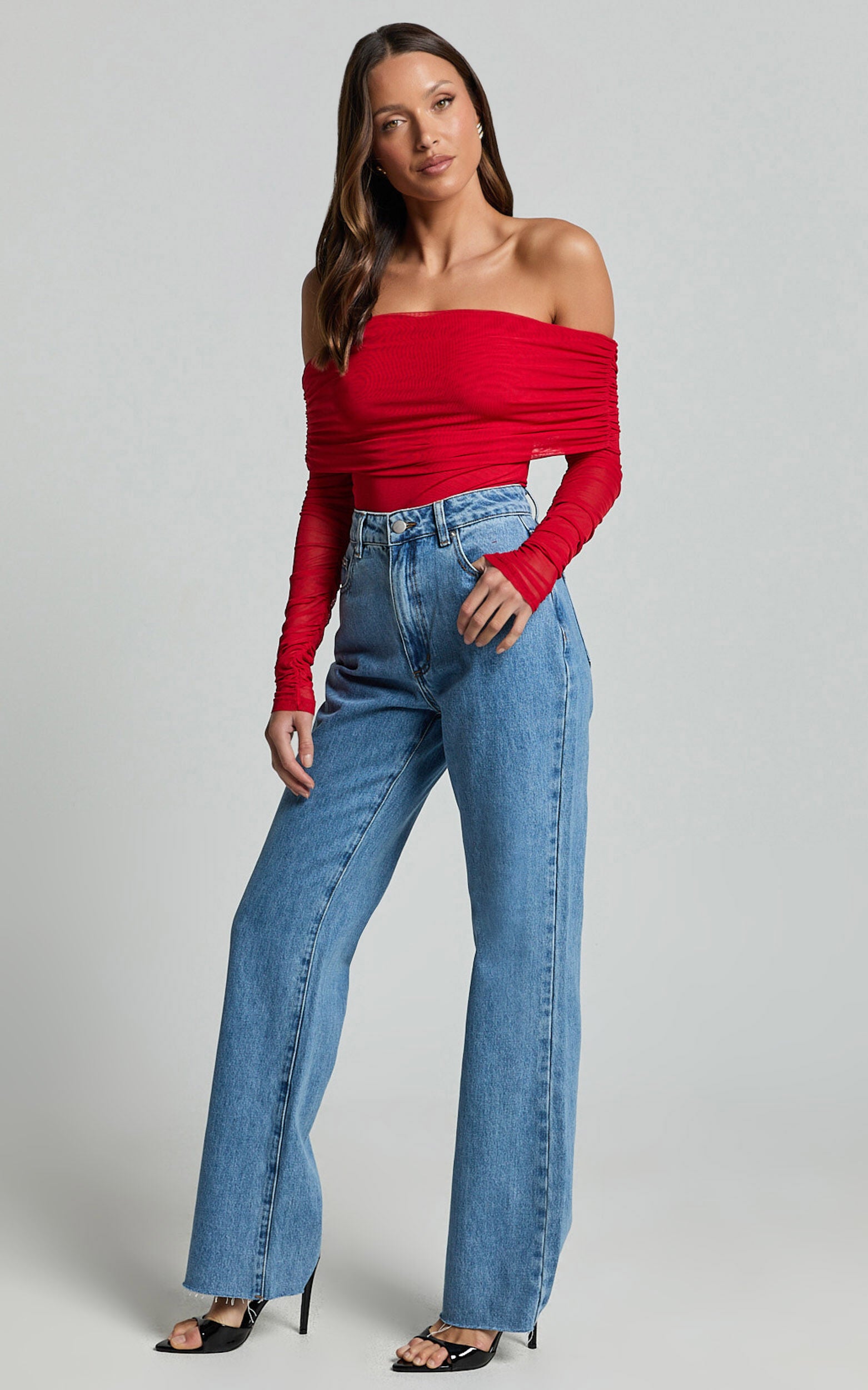 Jaythen Bodysuit - Long Sleeve Off Shoulder Ruched Mesh Bodysuit in Red