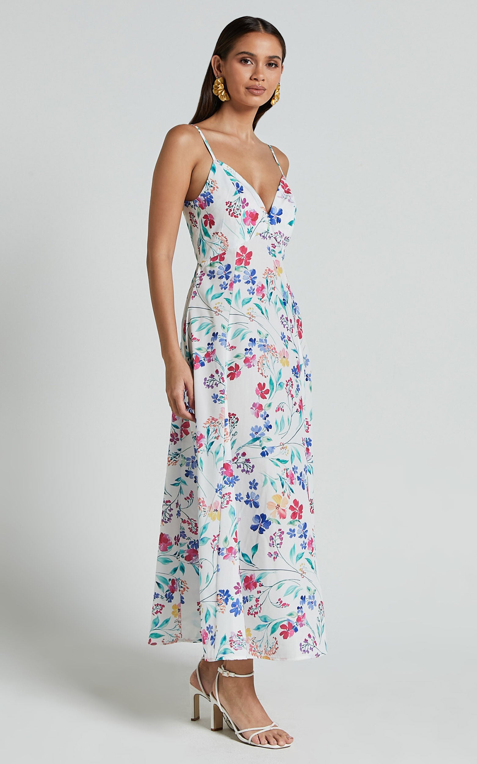 Georgia Midi Dress - Strappy Plunge A Line Dress in Peony Meadow Print