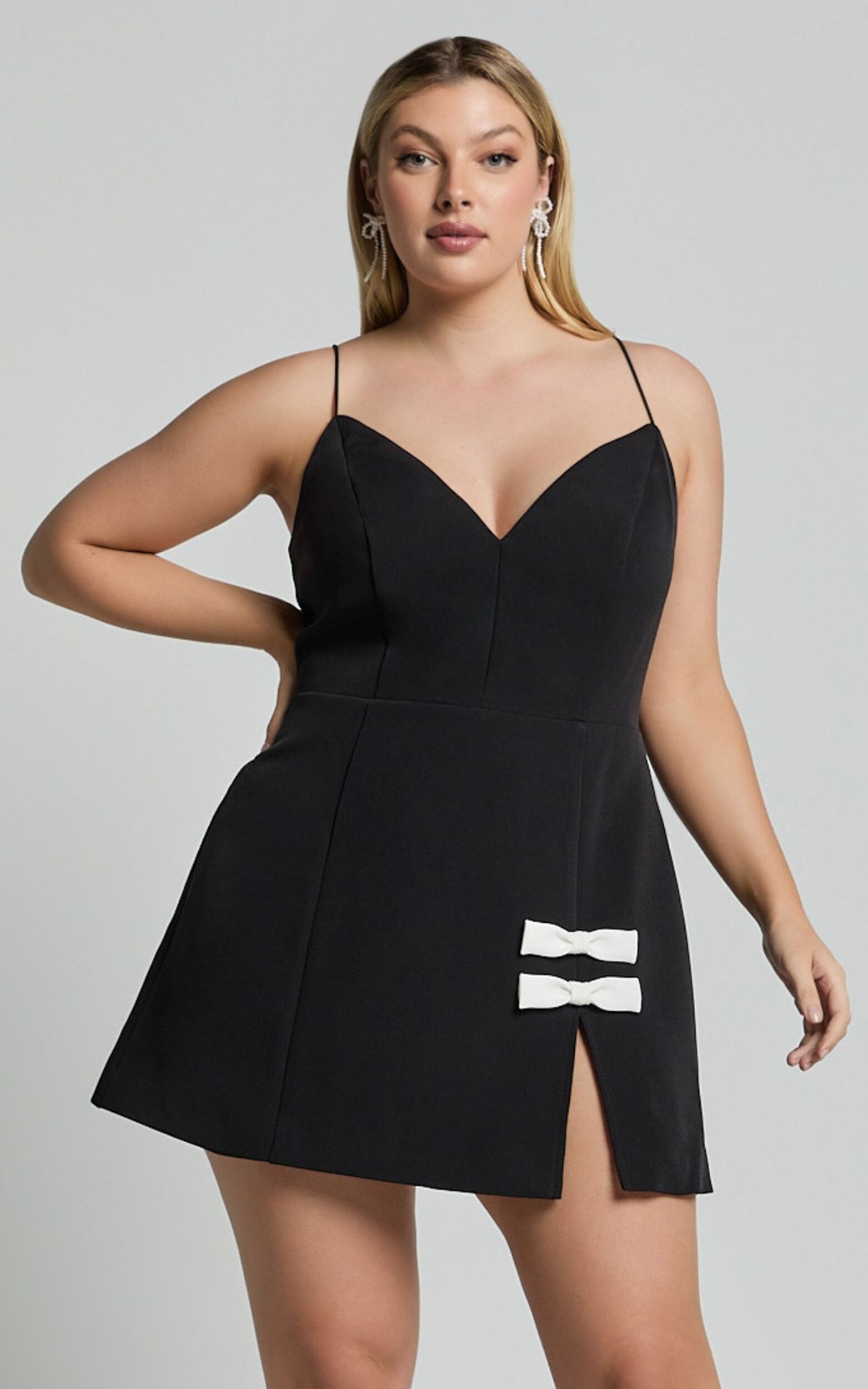 Bernice Mini Dress - Plunge Neck Bow Split Dress in Black