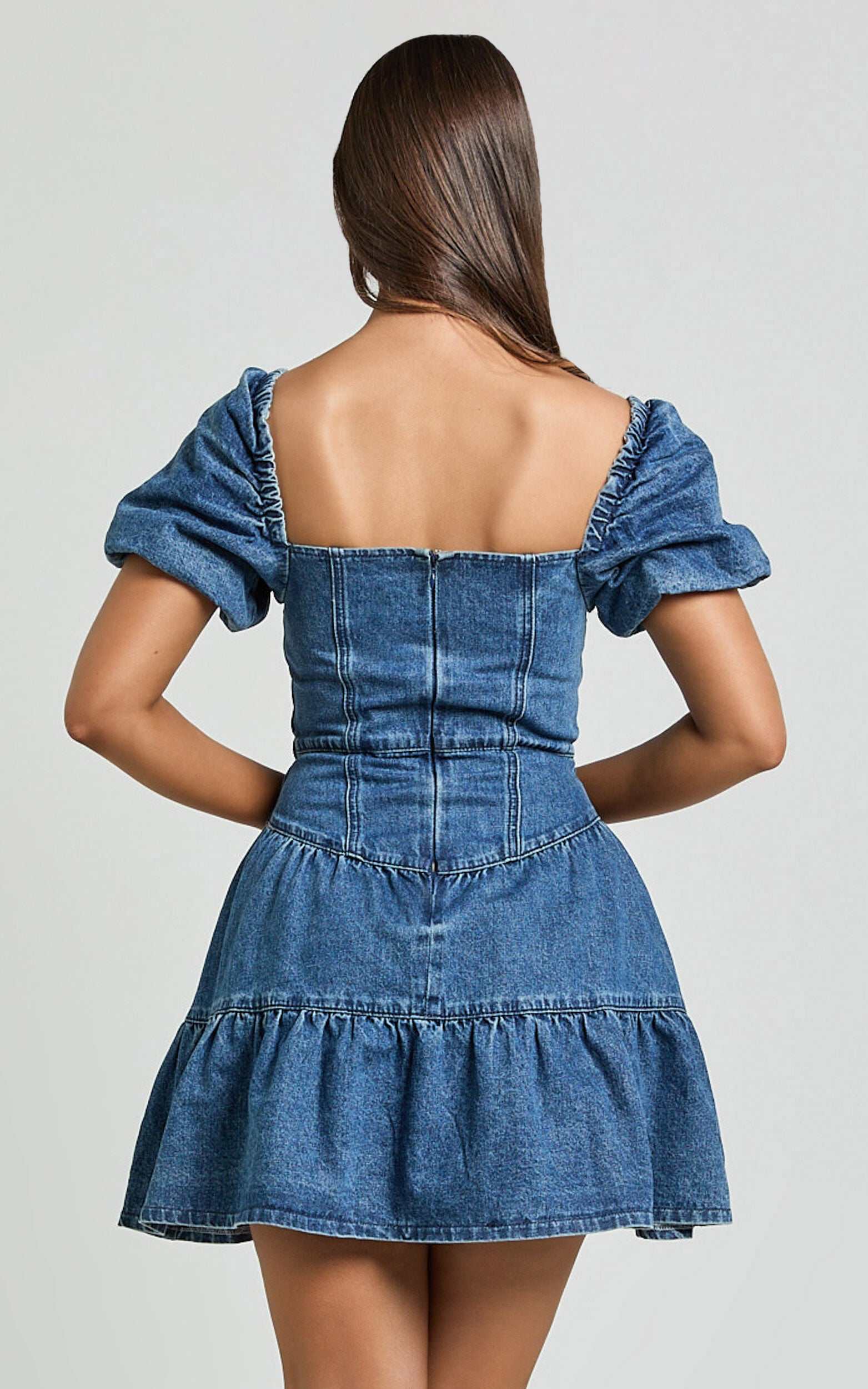 Gia Mini Dress - Short Puff Sleeve Tiered Denim Dress in Dark Blue Wash