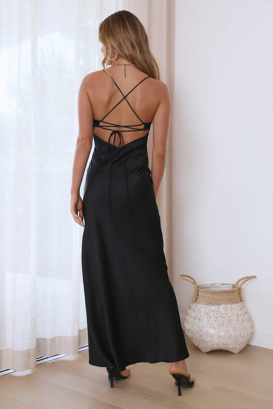 It's Giving Style Satin Maxi Dress Black