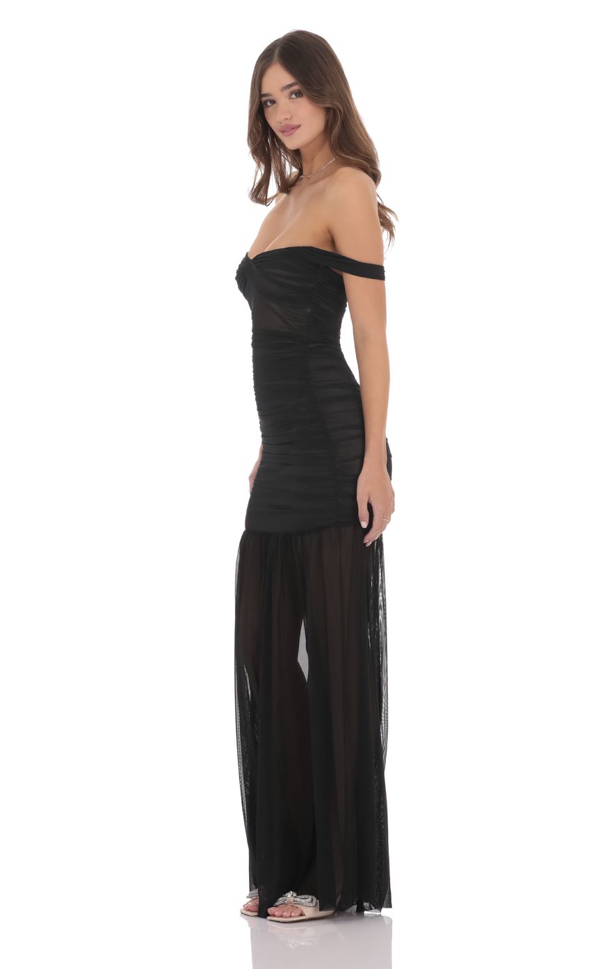 Mesh Off Shoulder Ruched Maxi Dress in Black