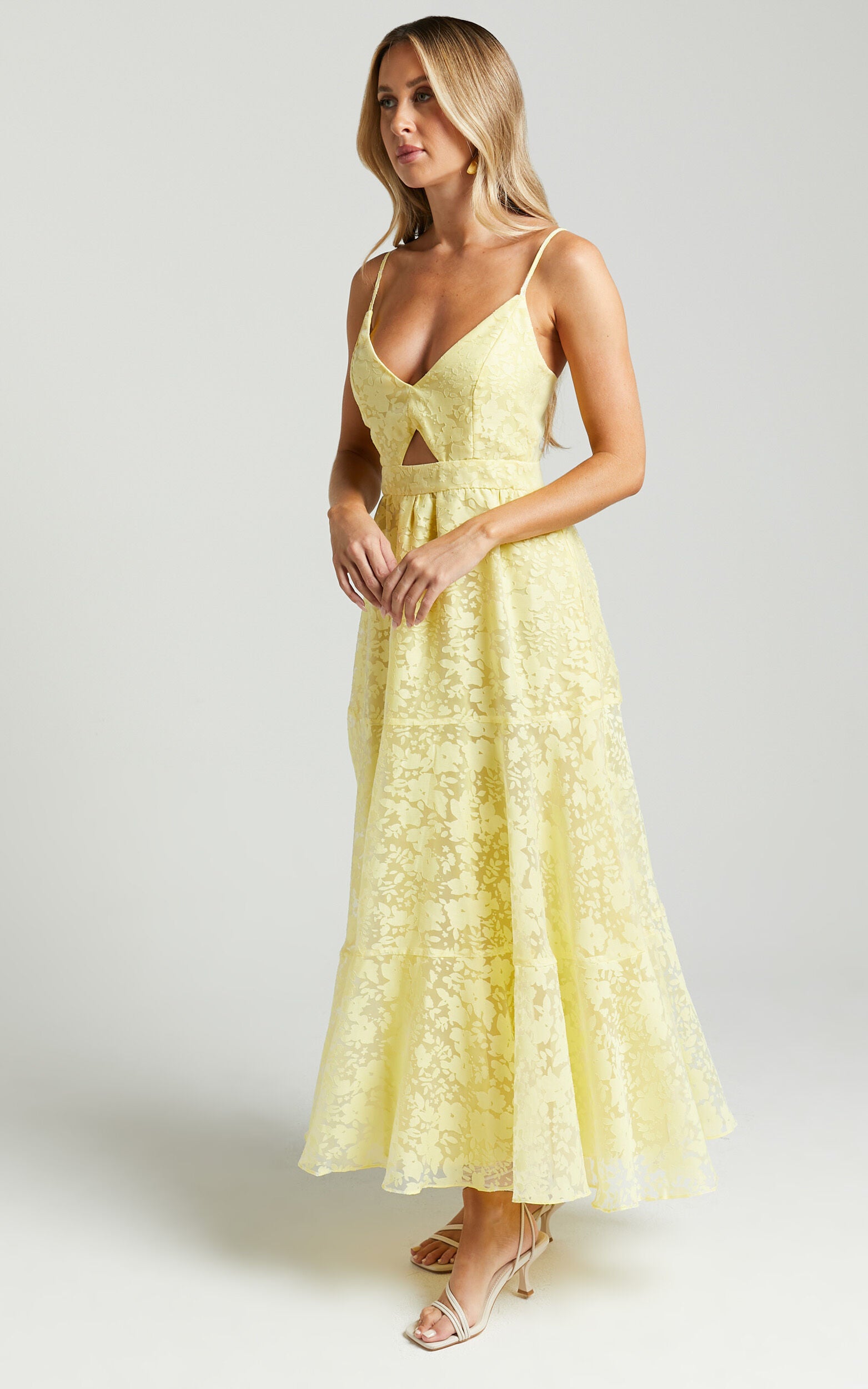 Jorie Midi Dress - Strappy Front Cut Out Tiered Skirt in Pastel Yellow