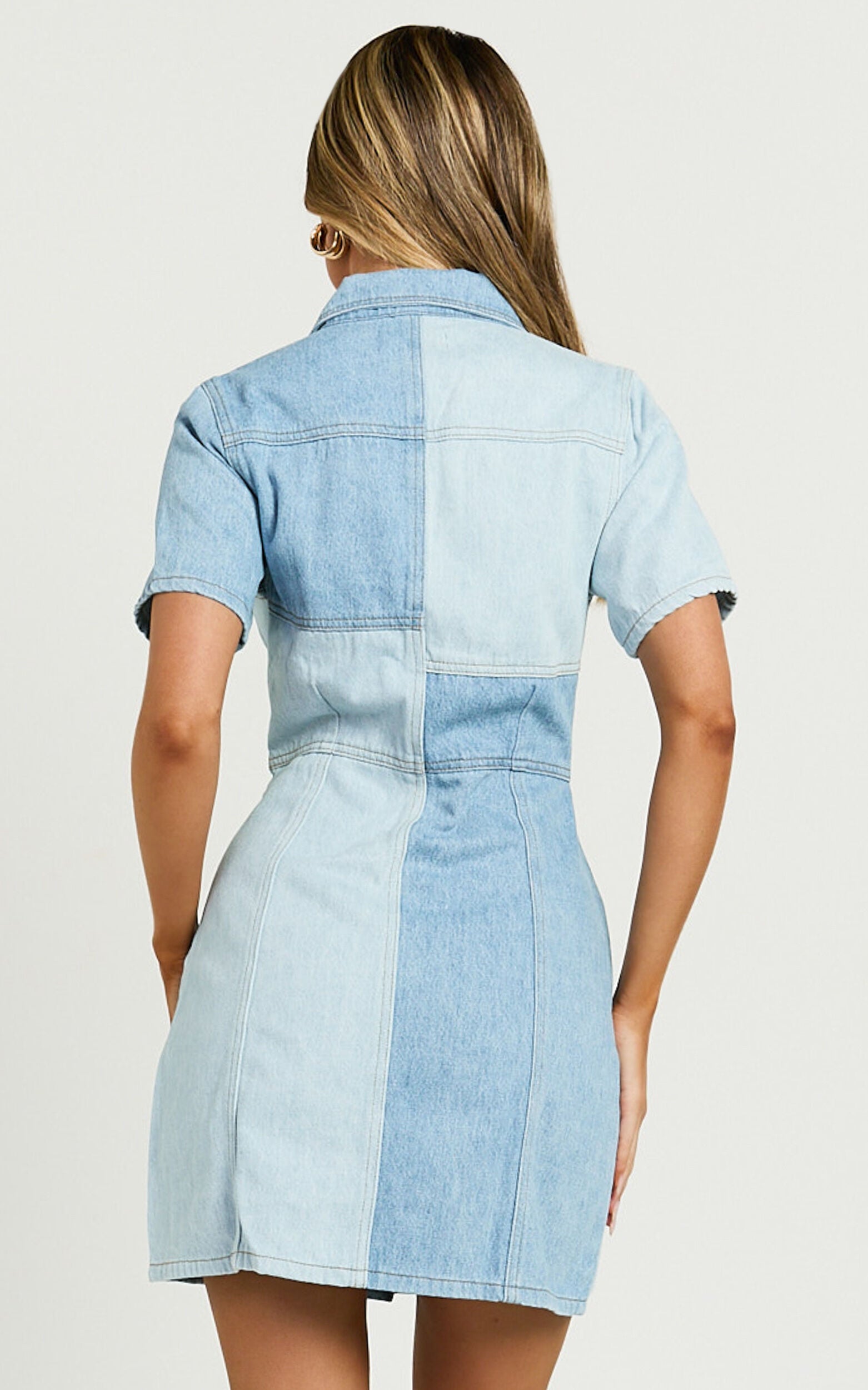 Gladys Mini Dress - Short Sleeve Patchwork Denim Dress in Multi