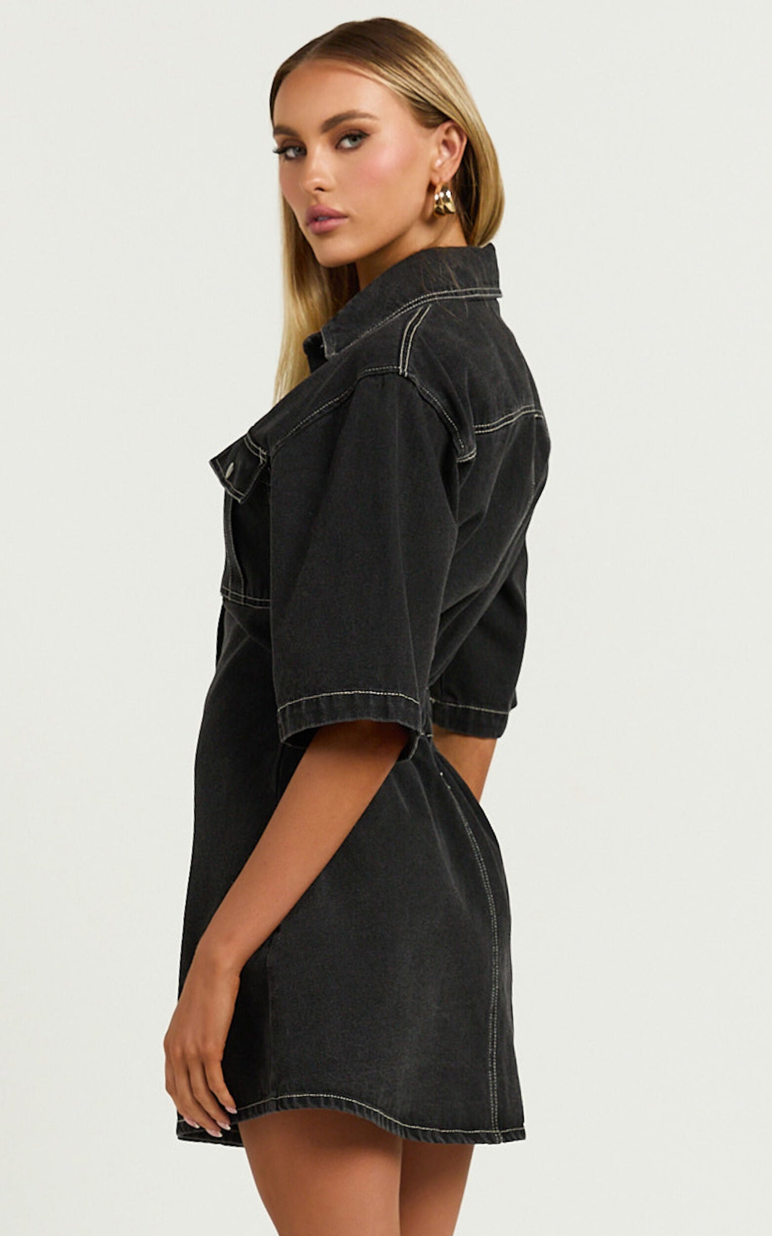 Leilani Mini Dress - Denim Short Sleeve Button Up Dress in Washed Black
