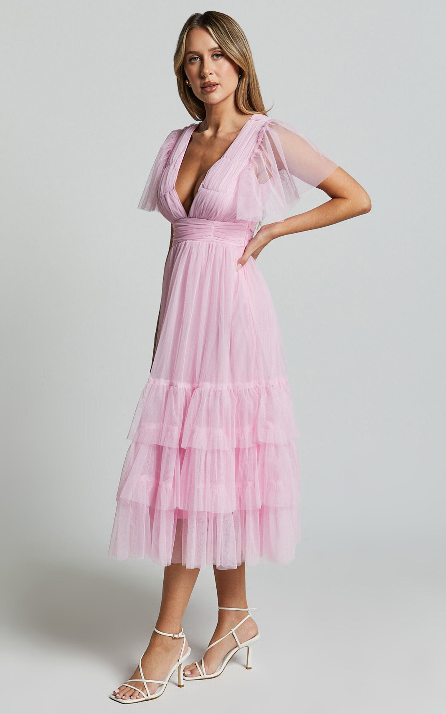 Jiraye Midi Dress - Flutter Sleeve Tuelle Plunge Dress in Ballet Pink