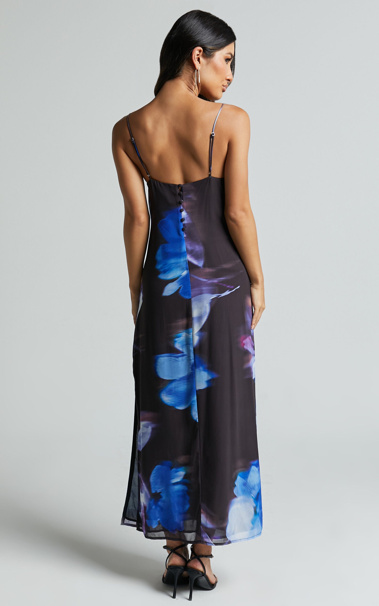 Emmanuelle Midi Dress - Strappy Side Split Satin Dress in Electric Bloom Print
