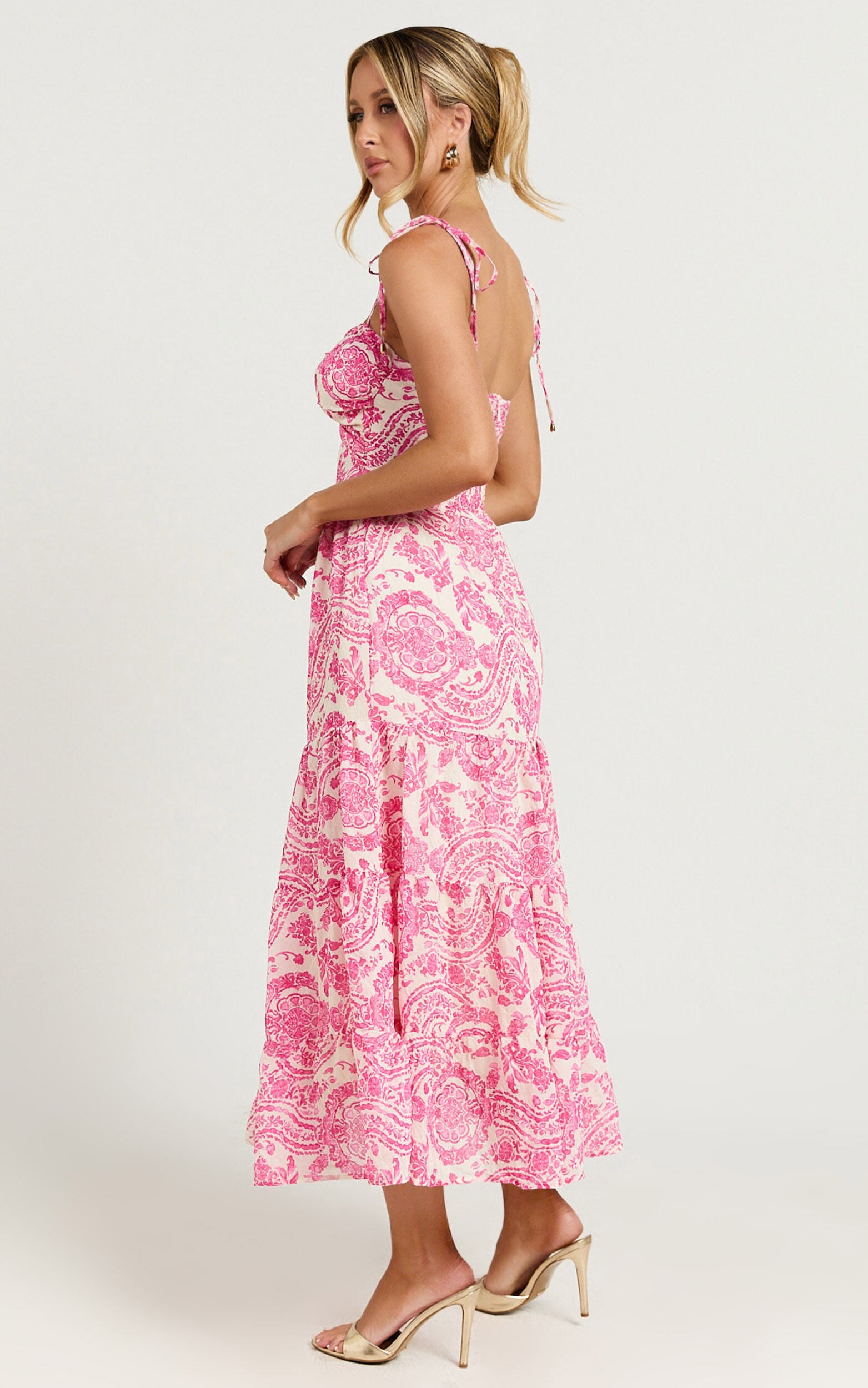 Esmeralda Midi Dress - Strappy Cut Out Tiered Dress in Pink Floral