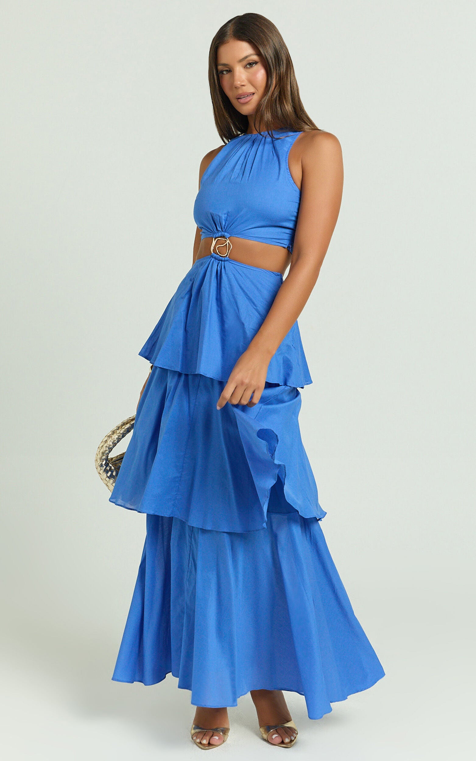 Elly Maxi Dress - Tiered Ruffle Cut Out Dress in Blue