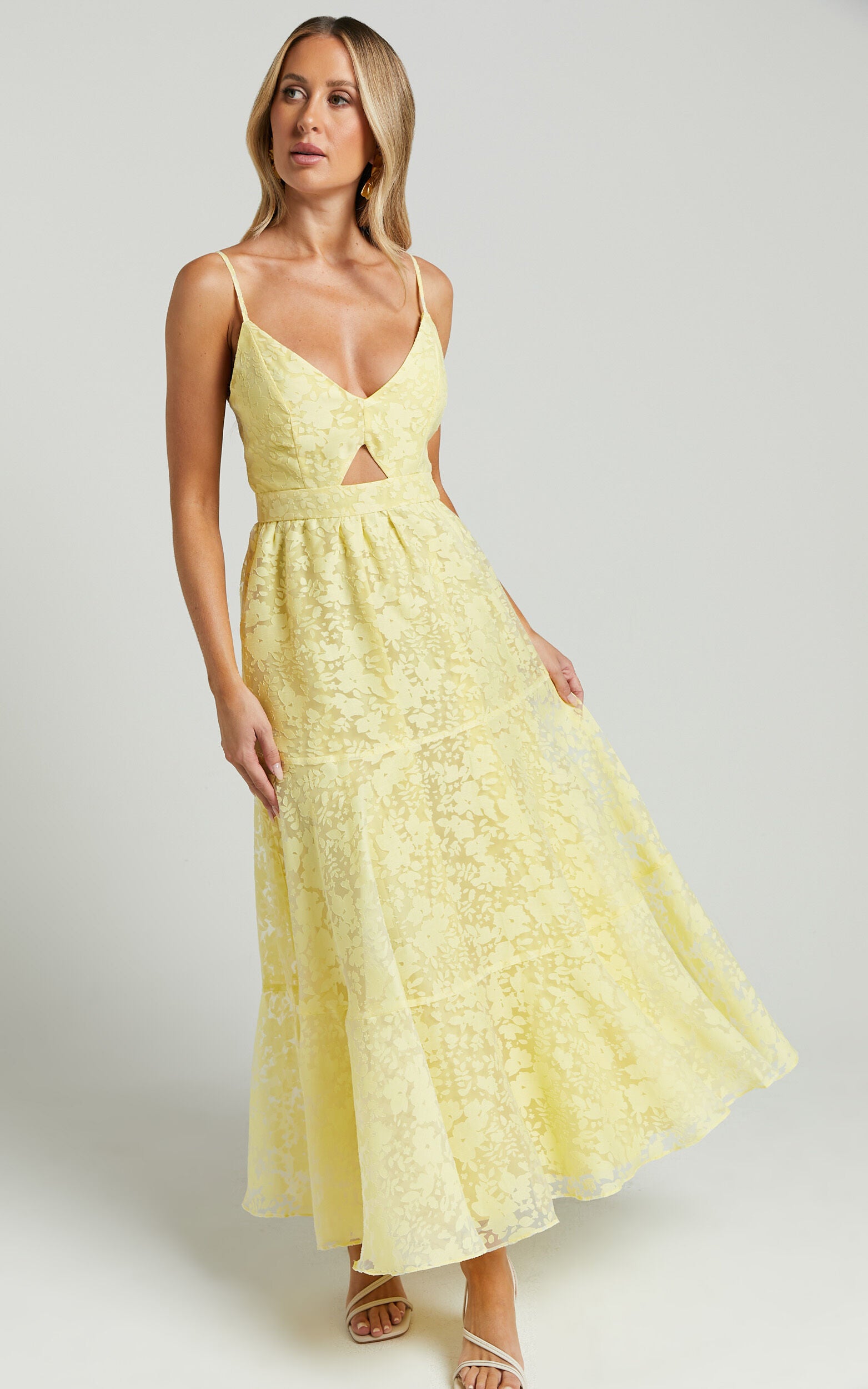 Jorie Midi Dress - Strappy Front Cut Out Tiered Skirt in Pastel Yellow