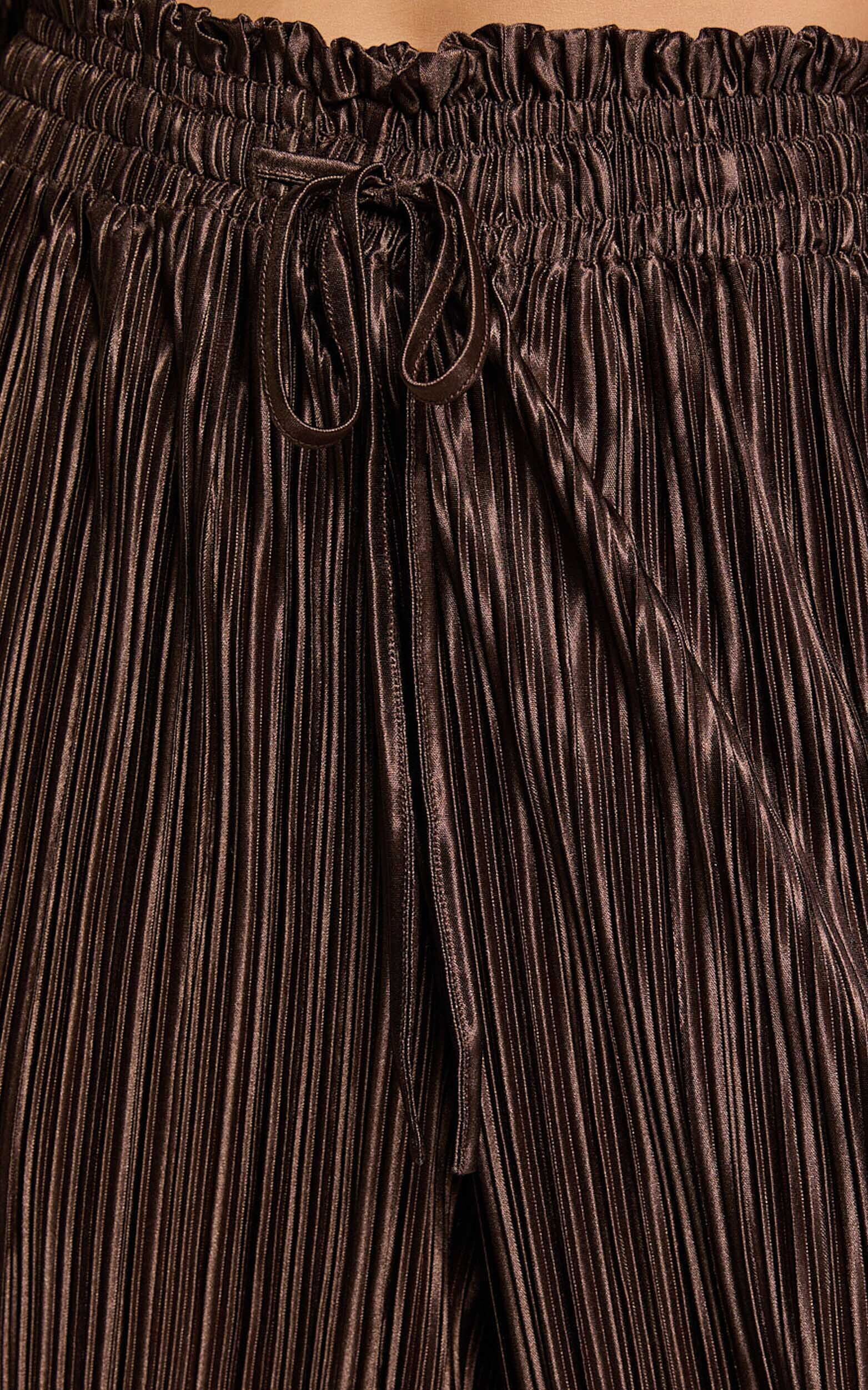 Kallie Pants - High Waist Drawstring Plisse Pants in Chocolate