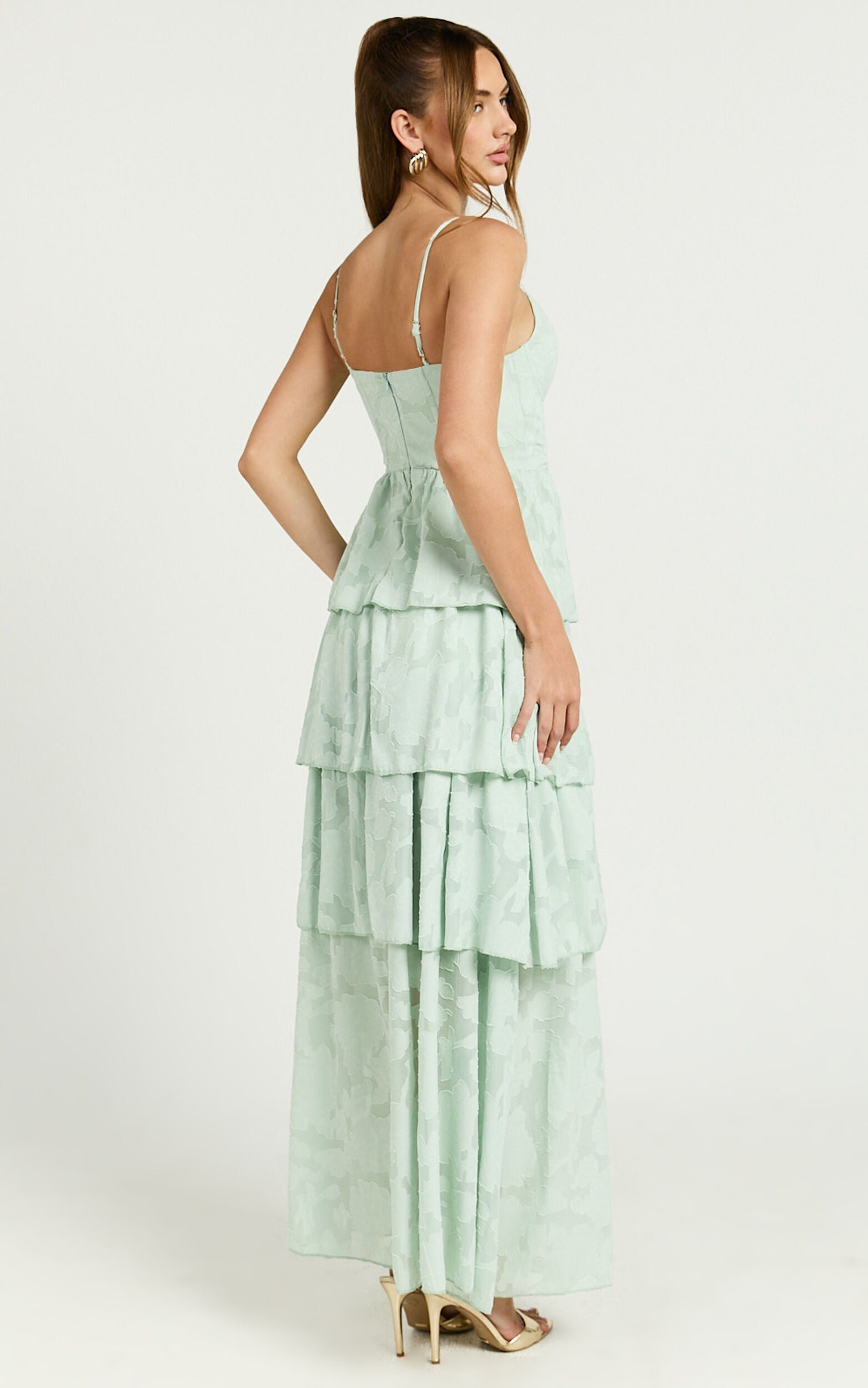 Janezkie Maxi Dress - Femme Tiered Jacquard Formal Dress in Mint