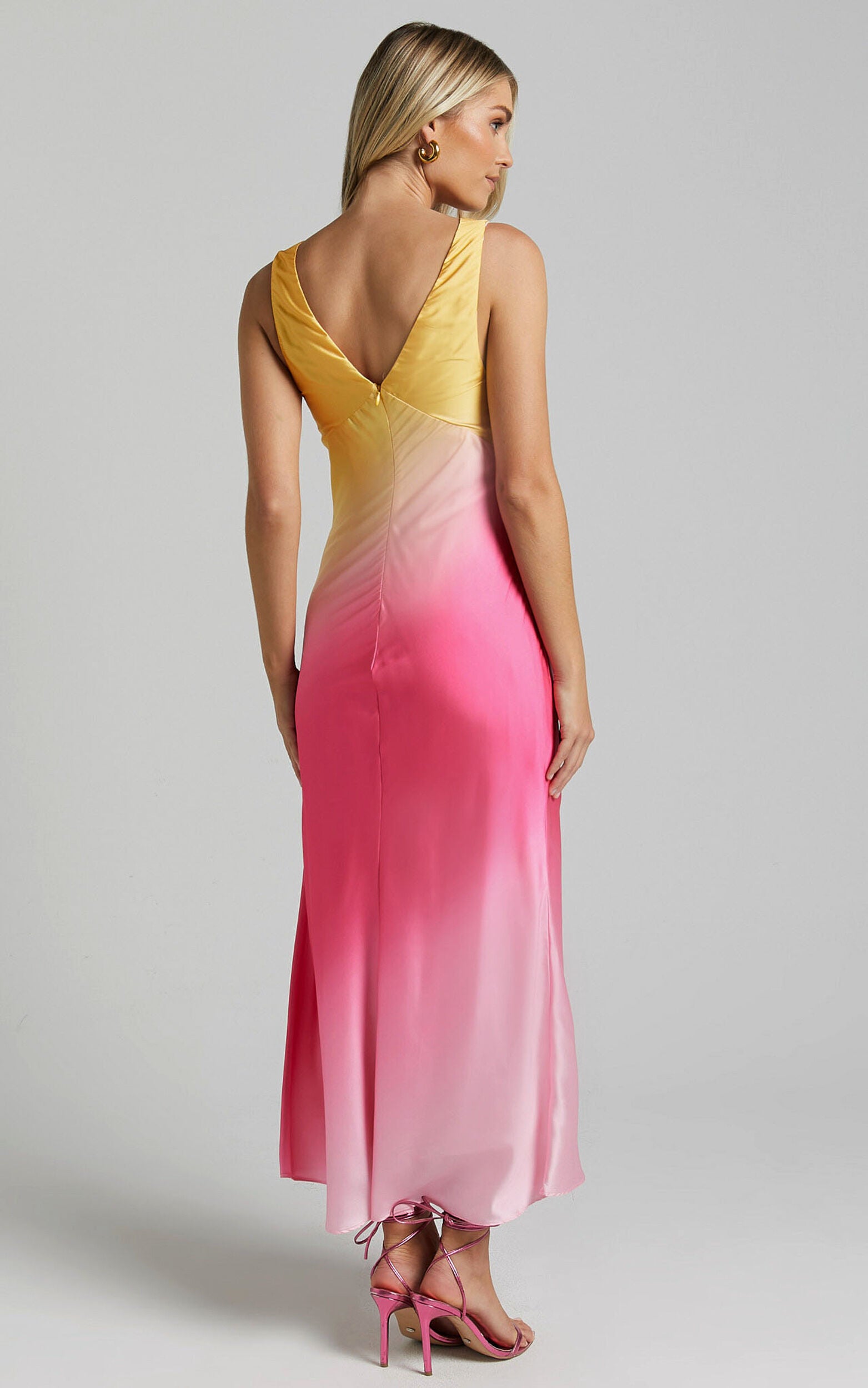 Erika Midi Dress - V Neck Satin Slip Dress in SUNSET OMBRE