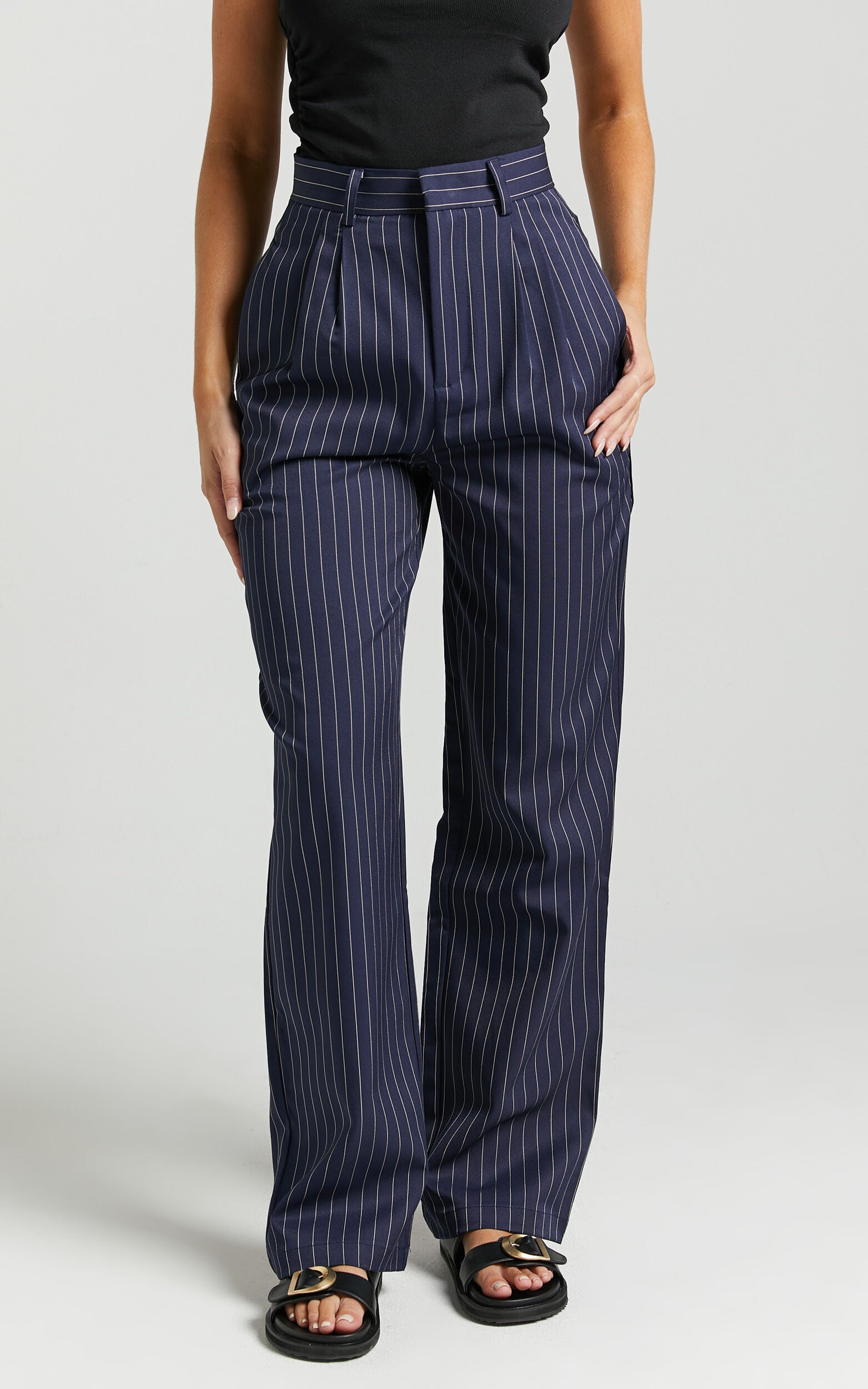 Iyah Pants - High Waisted Tailored Pants in Navy Pinstripe