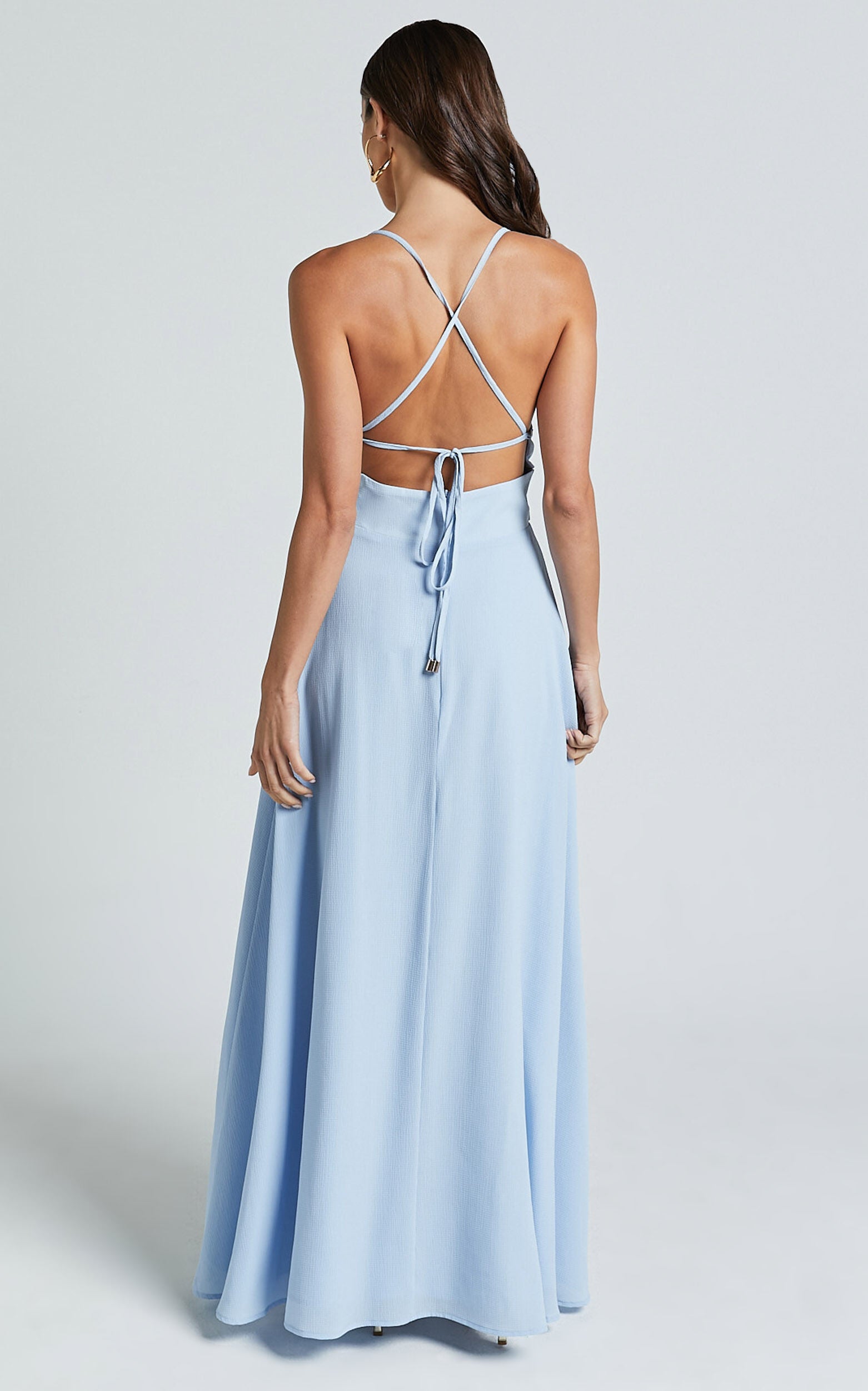 Esther Midi Dress - Plunge Backless Thigh Split Dress in Light Blue