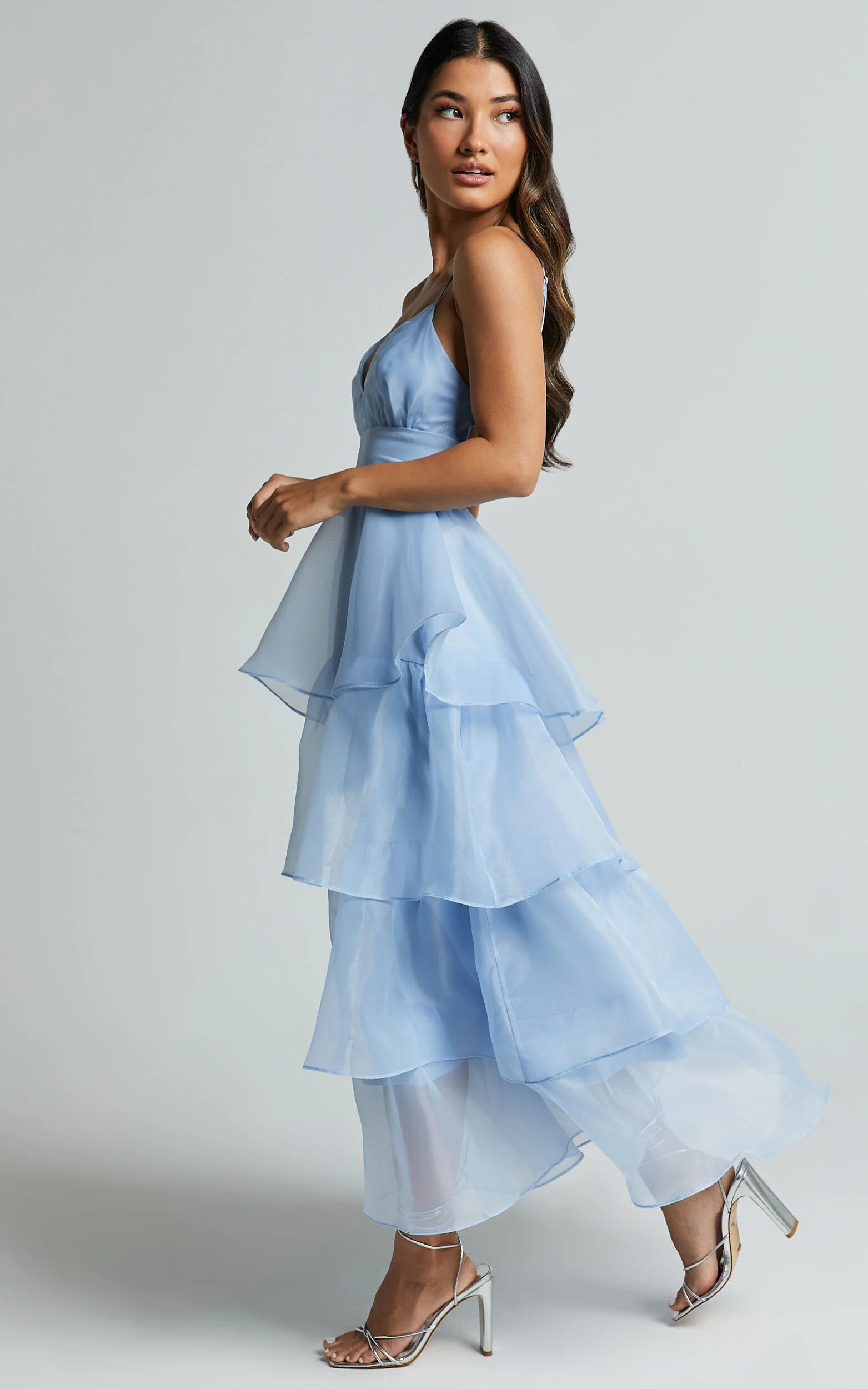 Cindy Midi Dress - Layered Skirt Dress in Pale Blue