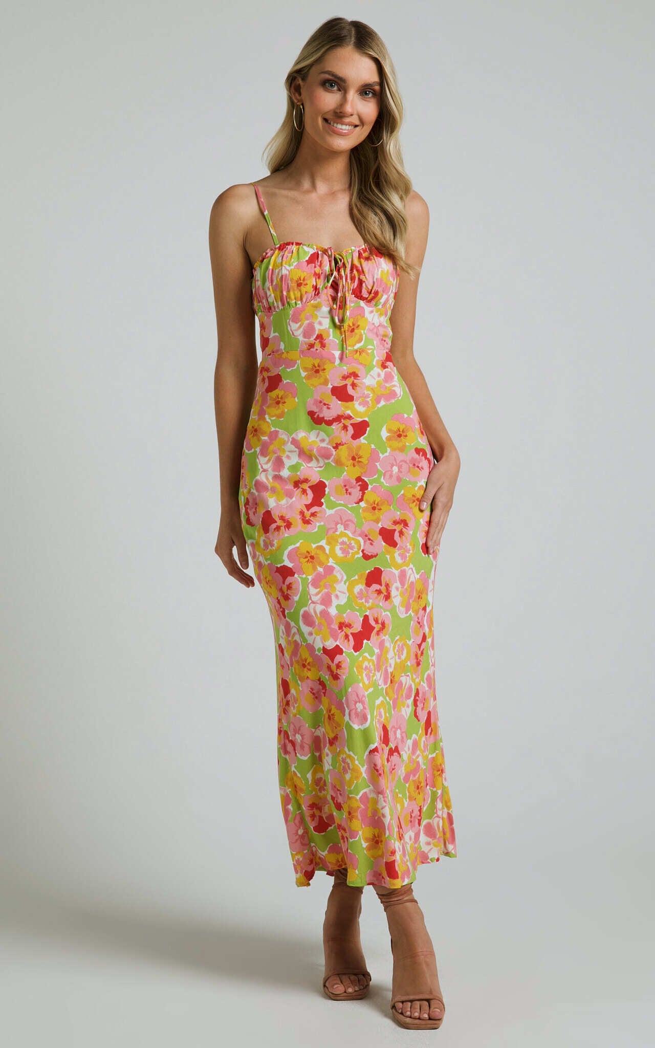 Elmerie Midi Dress - Sleeveless Tie Neck Front Dress in Green Floral Print