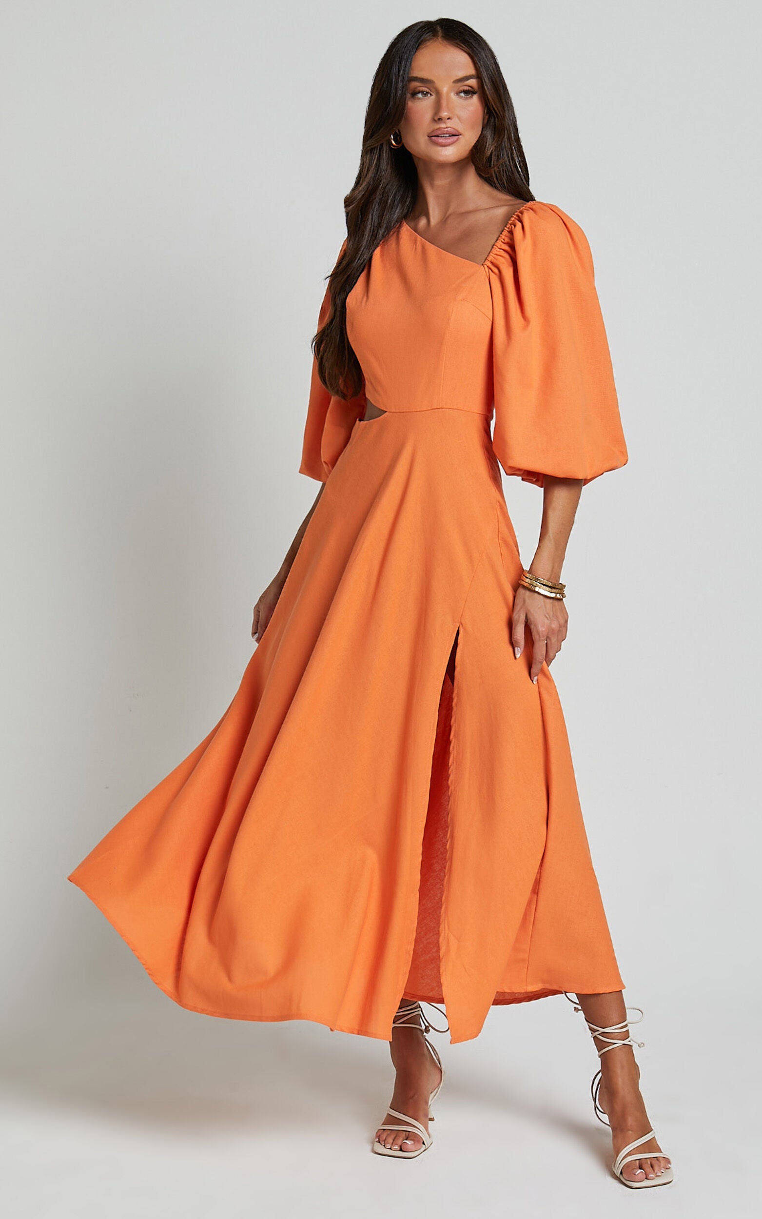 Rhyne Midi Dress - Asymmetric Puff Sleeve Side Cut Out A Line Dress in Papaya