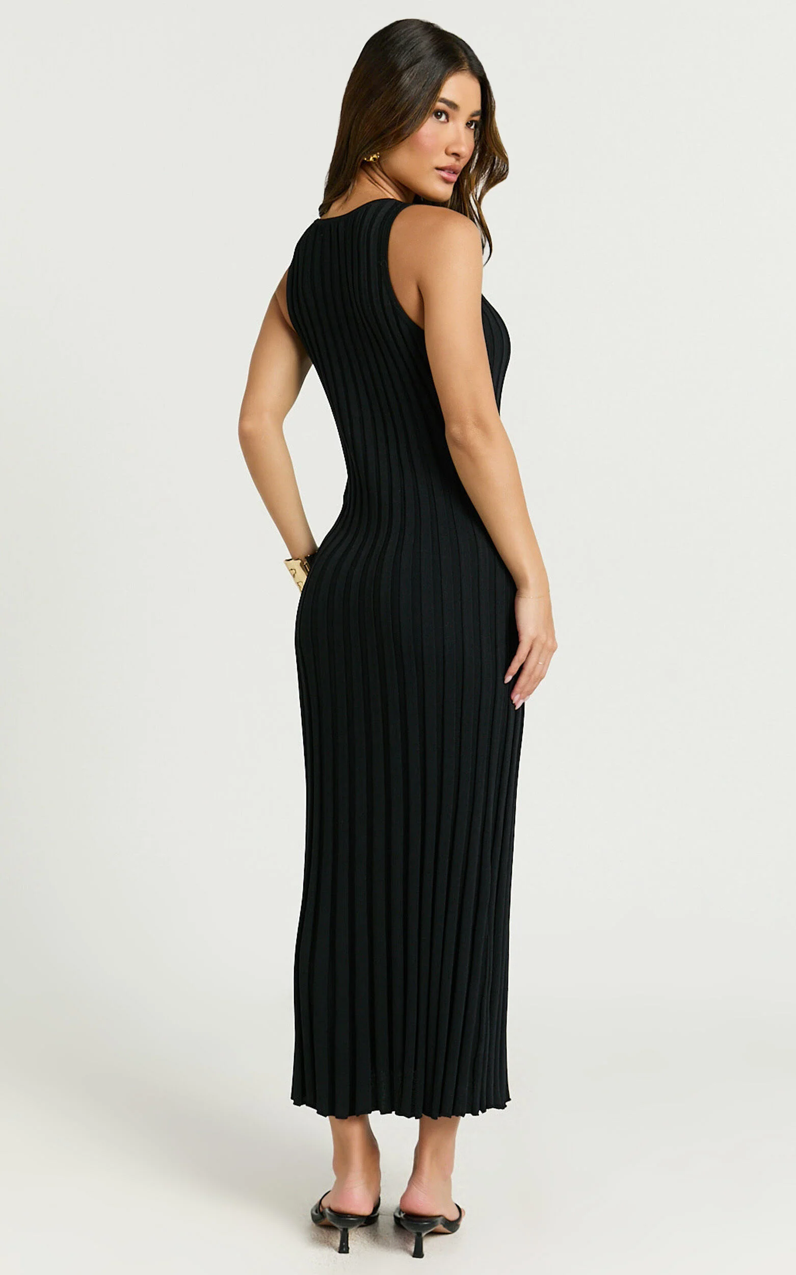 Maya Midi Knit Dress - Sleeveless V Neck Knited Dress in Black