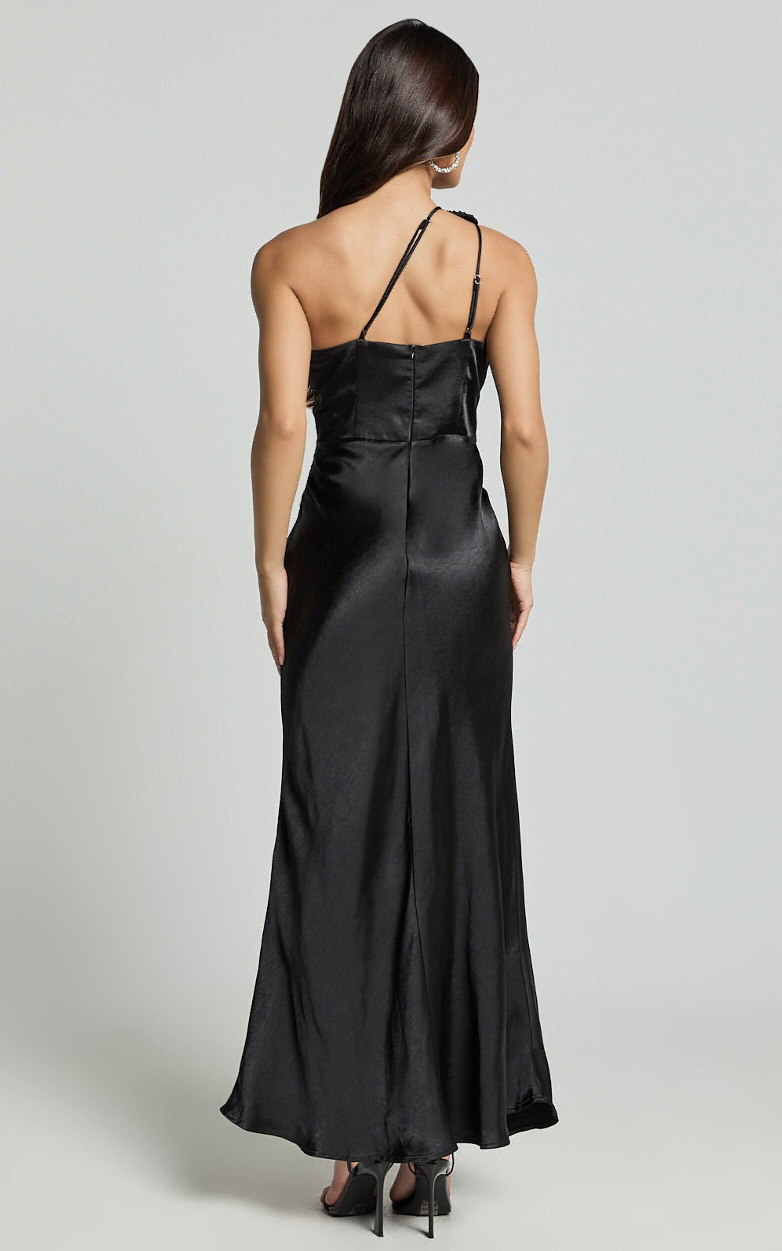 Estella Midi Dress - Asymmetrical Lace Detail Waist Slip Dress in Black