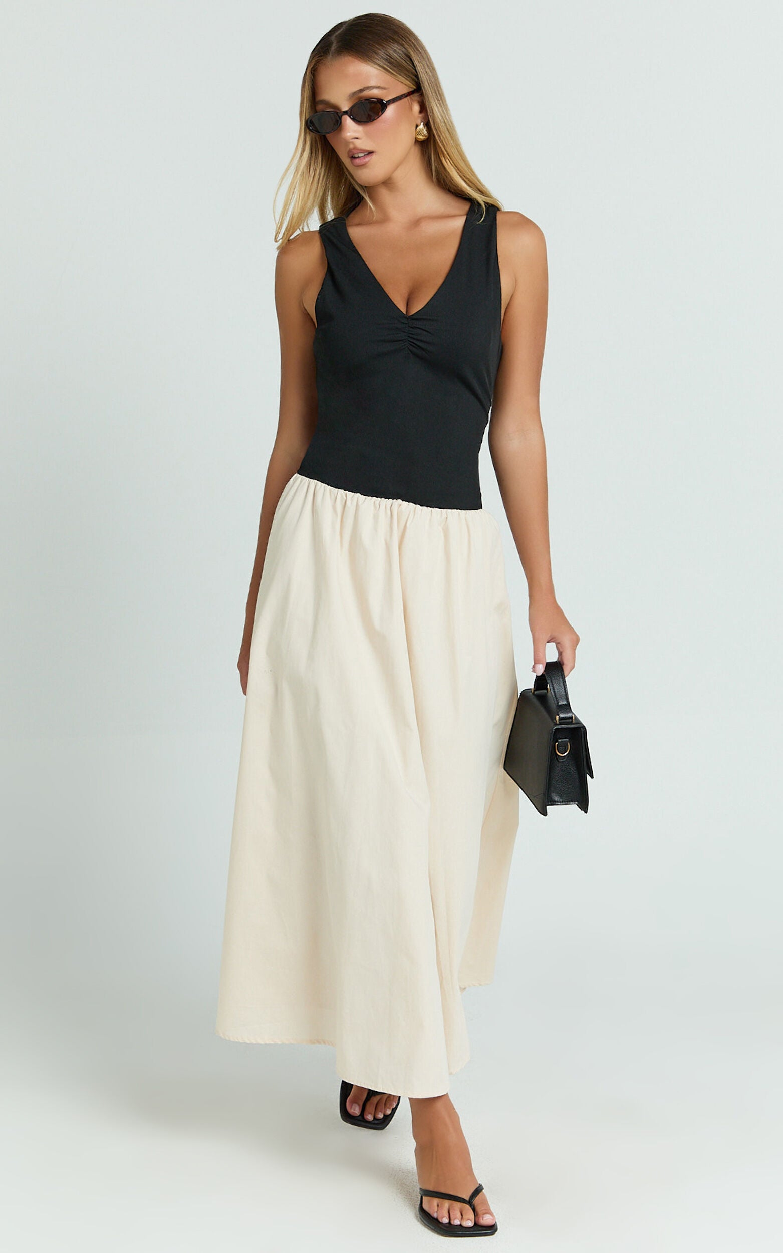 Hermi Midi Dress - Ribbed Bodice V Neck Dress in Cream