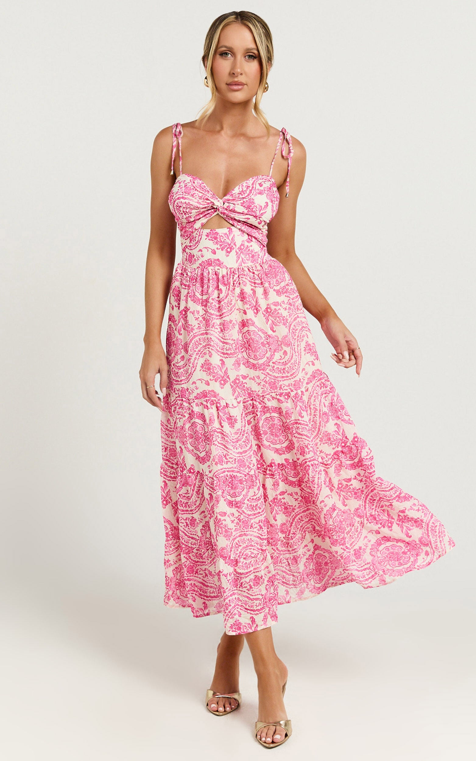 Esmeralda Midi Dress - Strappy Cut Out Tiered Dress in Pink Floral