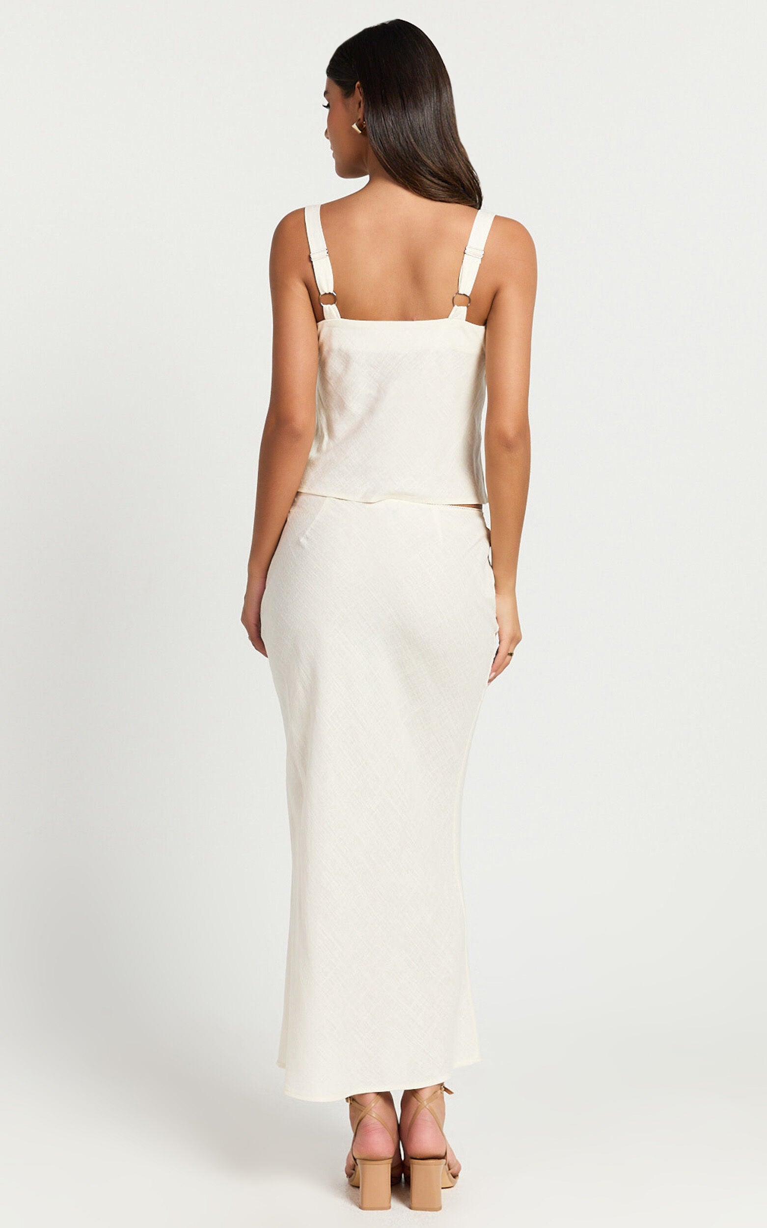 Polly Midi Skirt - Linen Low Waisted Front Bow Slip Skirt in Stone