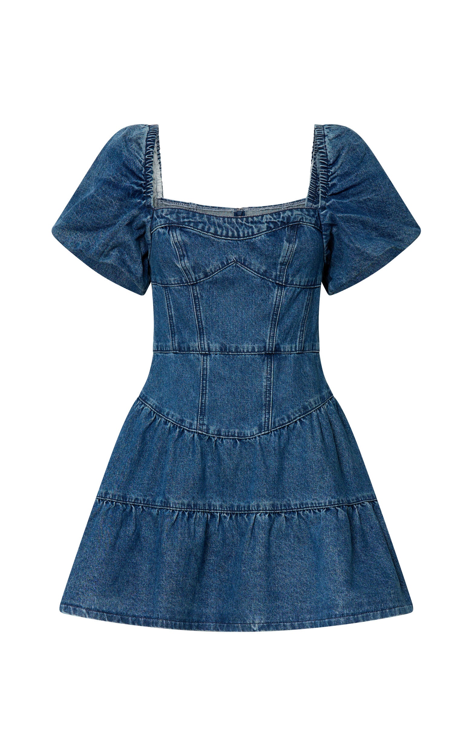 Gia Mini Dress - Short Puff Sleeve Tiered Denim Dress in Dark Blue Wash