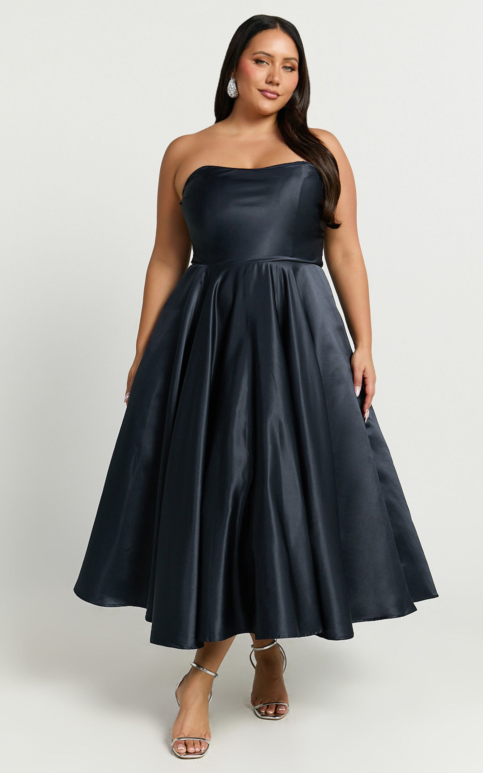 Helaina Midi Dress - Strapless A-Line Satin Dress in Navy