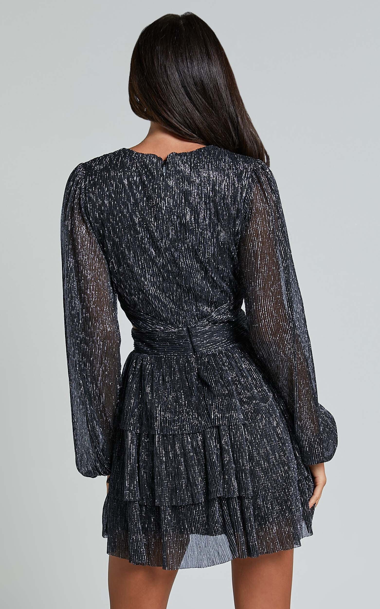 Elaine Mini Dress - Long Sleeve Tiered Plisse Dress in Gunmetal