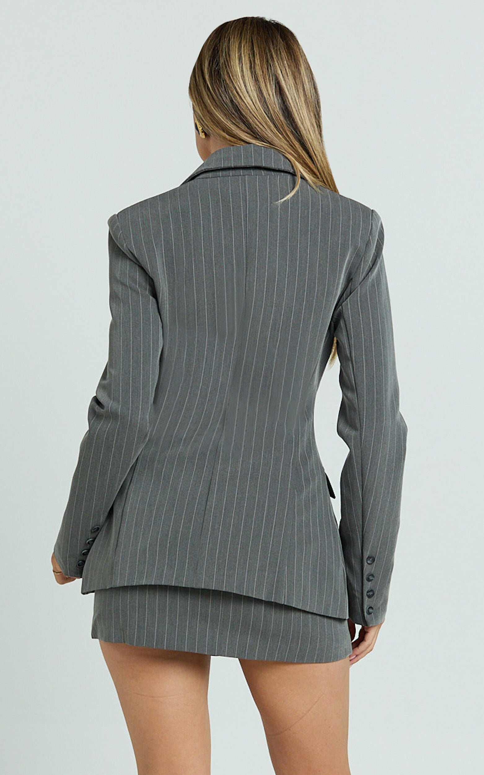 Fiona Blazer - Pinstripe Fitted Hourglass Triple Button Blazer in Dark Grey