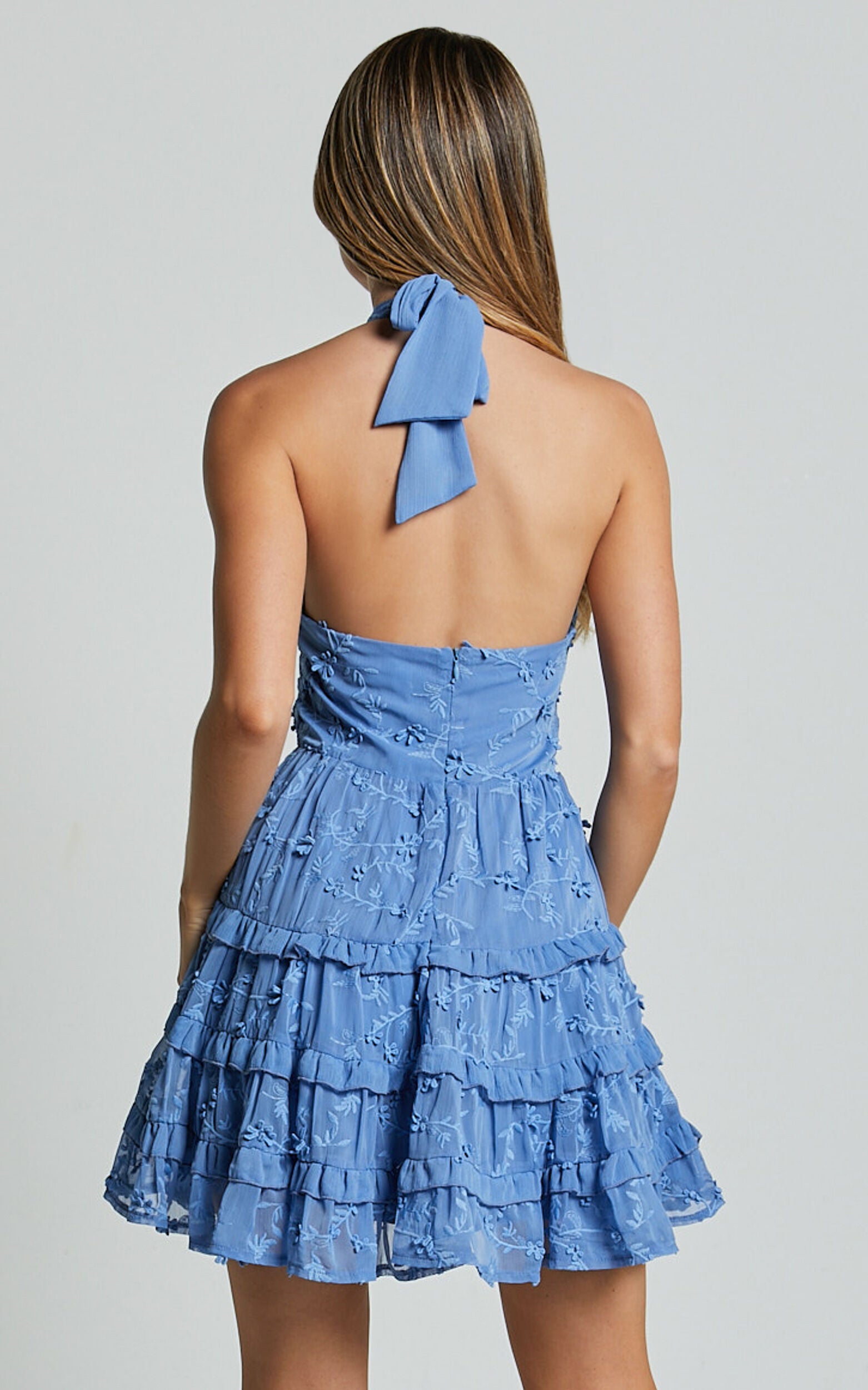 Frankie Mini Dress - Halter Neck Tiered Dress in Cornflower Blue