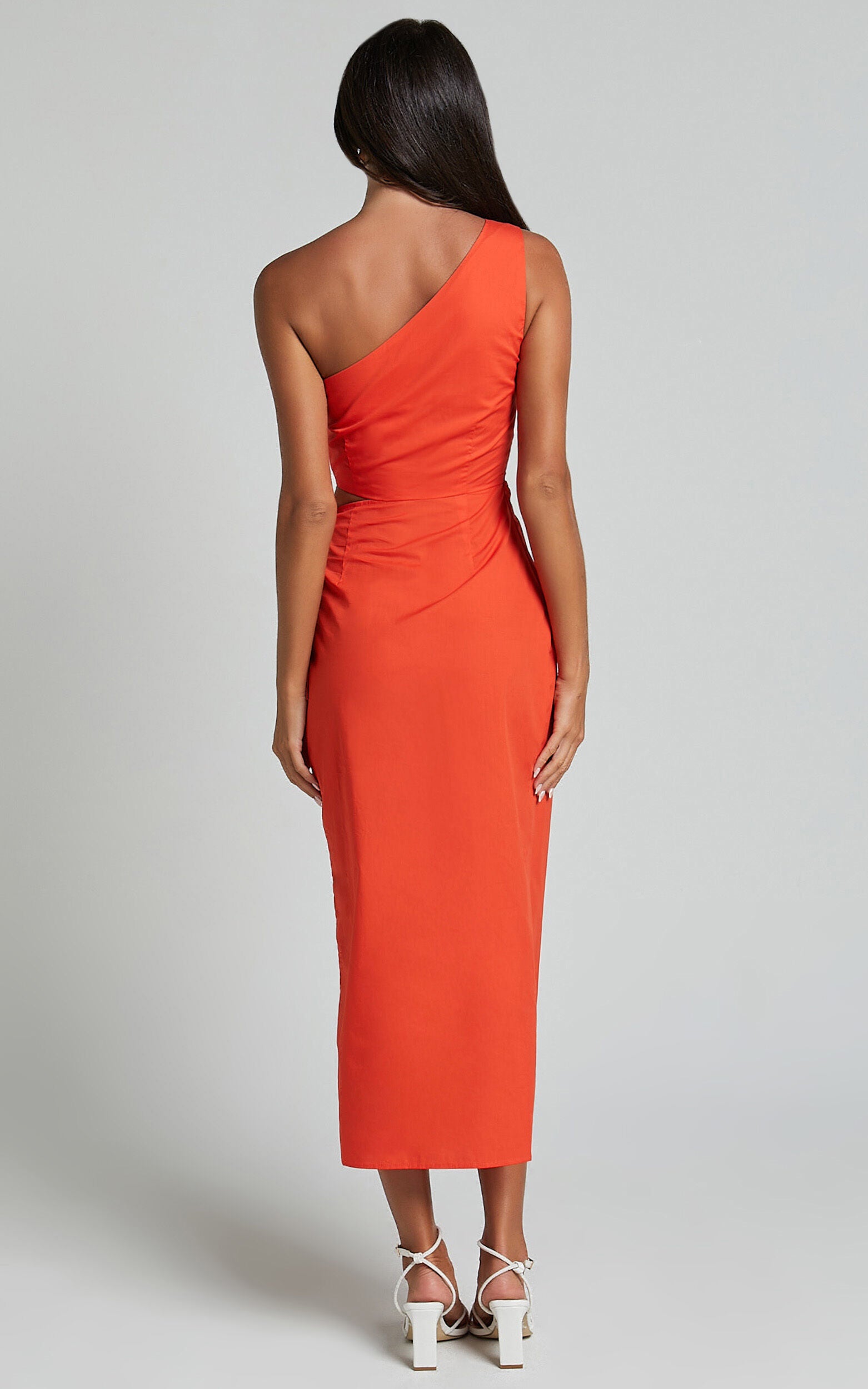 Rina Midi Dress - One Shoulder Side Cut Out Wrap Dress in Orange